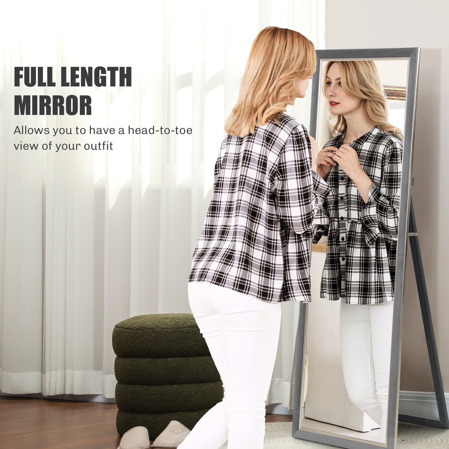 HOMCOM Floor Standing Mirror, Full Body Mirror, Free Standing, Leaning or Wall Mirror with Frame for Bedroom, Grey
