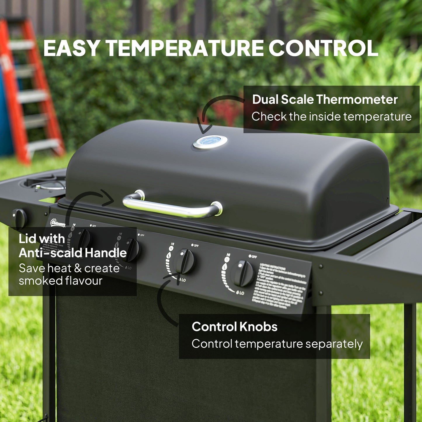 Outsunny 4+1 Burner Propane Gas BBQ Grill, Portable Gas Barbecue Grill with Side Burner, Thermometer, Lid, Side Table, Shelf, Spice Rack, Wheels, Grease Cup for Garden, Black