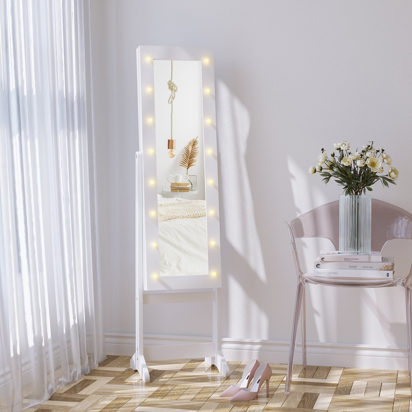 HOMCOM Free Standing Armoire Organizer, Lighted Mirrored Jewelry Cabinet w/ Angle Adjustable & 16 LED Lights Warm White