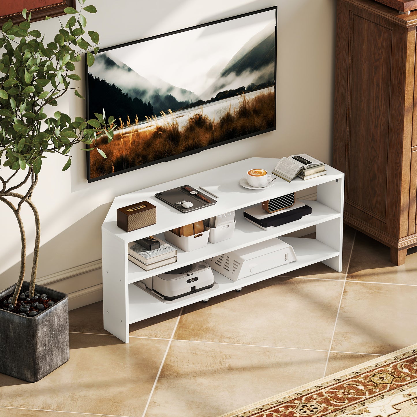 HOMCOM Corner TV Stand, Modern TV Table with 2 Open Shelves for 47 Inch TV, Entertainment Center for Living Room, White
