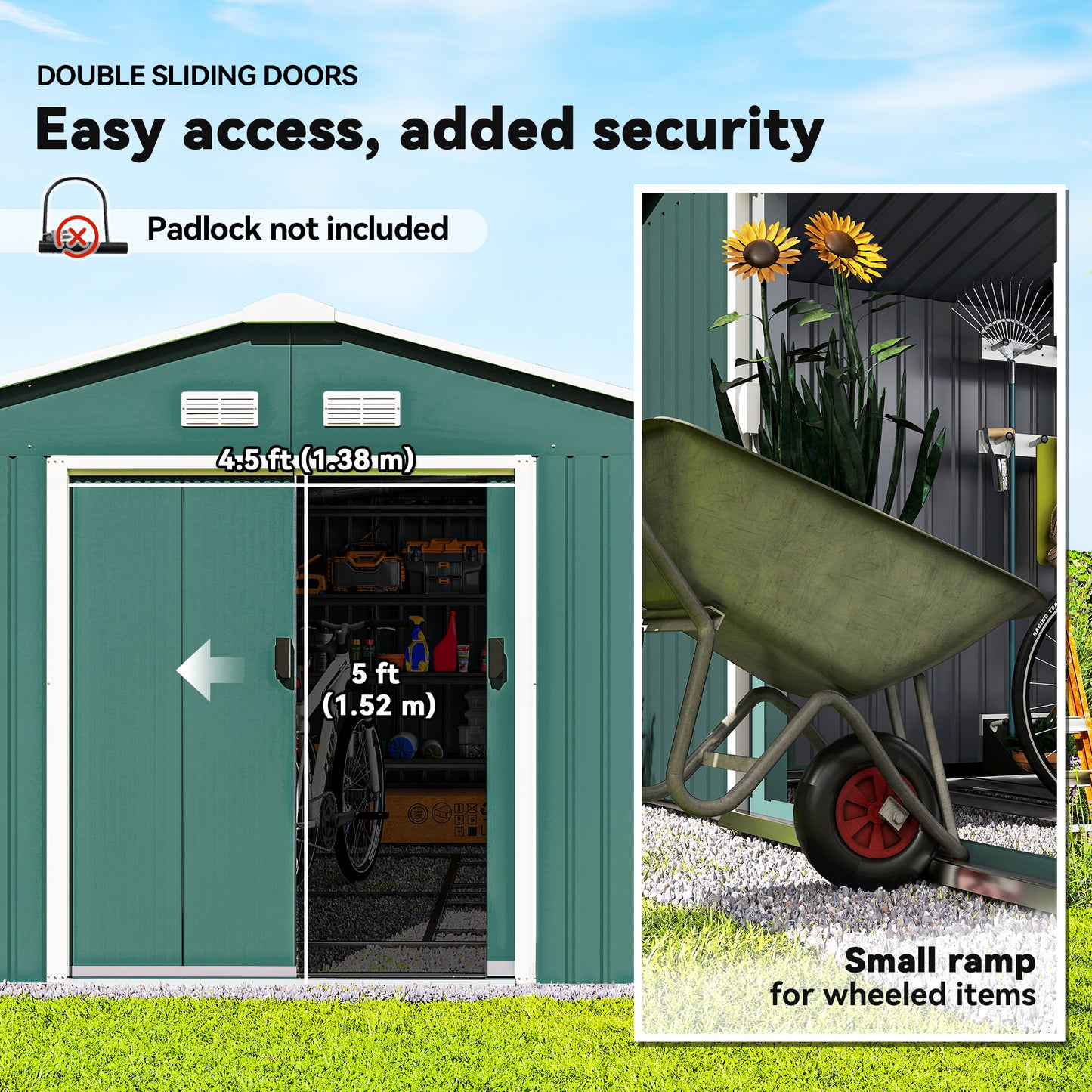 Outsunny 9.1'x6.4'x6.3' Garden Storage Shed w/ Foundation Kit Metal Tool Storage House w/ Double Doors Light Green