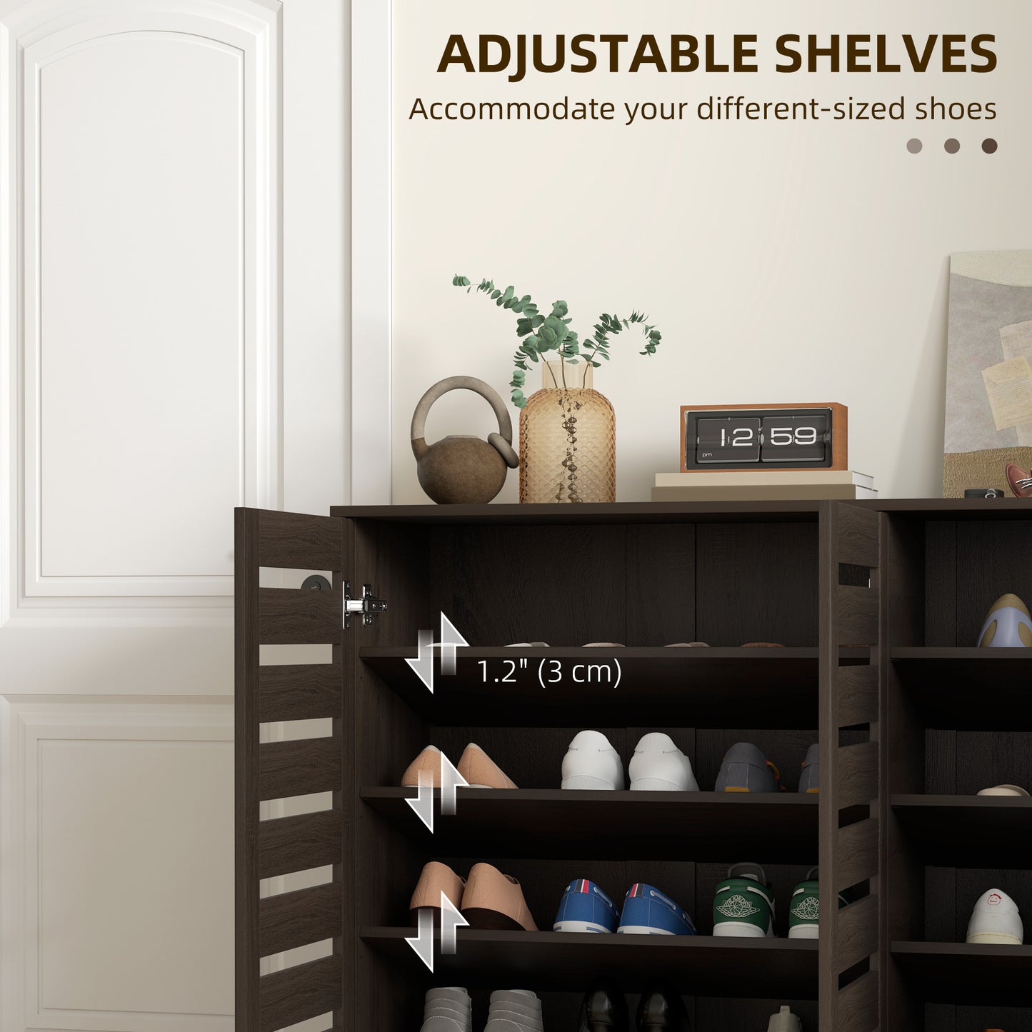HOMCOM Narrow Shoe Cabinet with Slatted Doors, Adjustable Shelves for 20 Pairs of Shoes, Shoe Cabinet for Entryway, Dark Brown