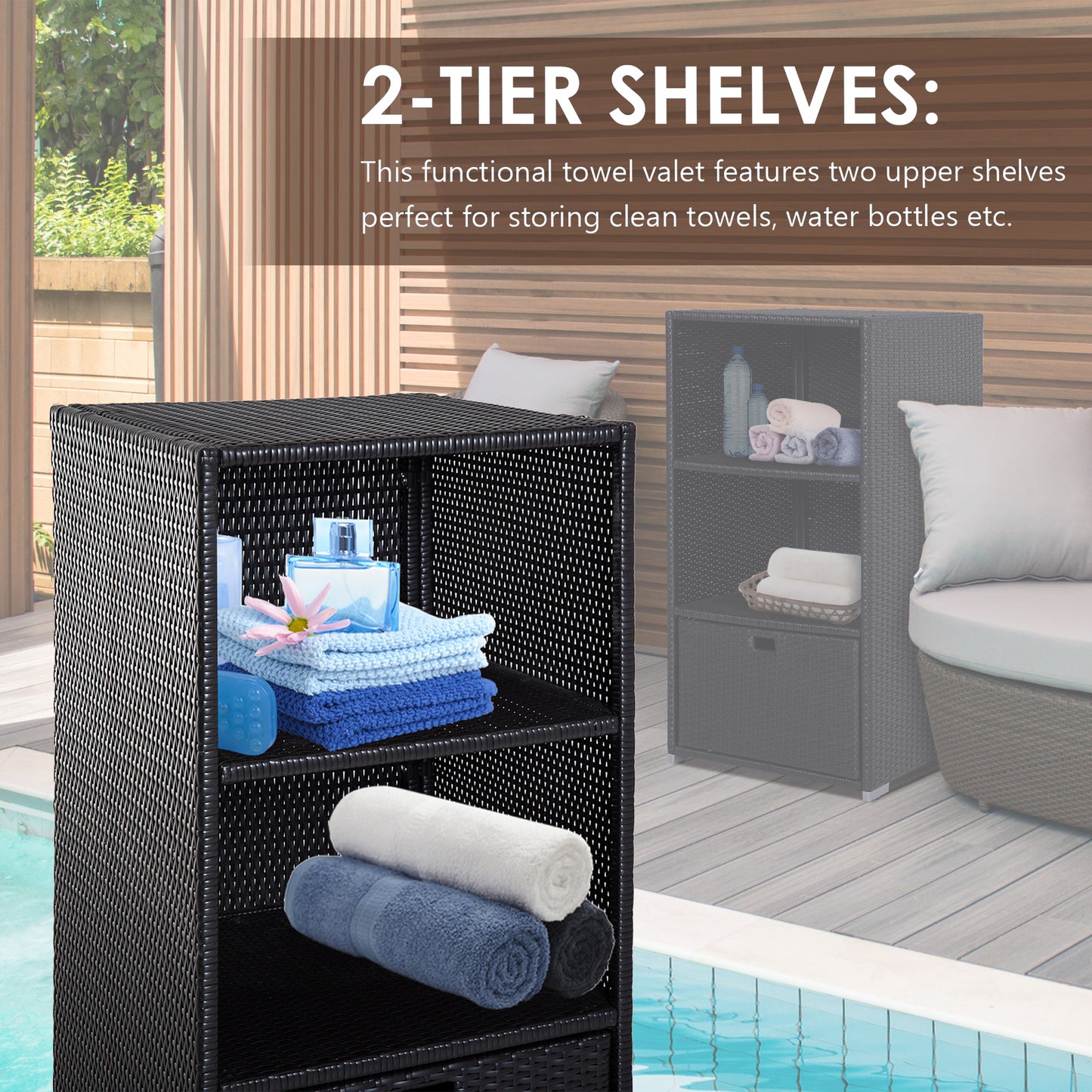 Outsunny Outdoor Storage Cabinet, Patio Storage Box Rack Rattan Wicker Pool Towel Valet Organizer Poolside Garden Lawn Bathroom Furniture Shelf w/ Shelf Drawer, Dark Brown