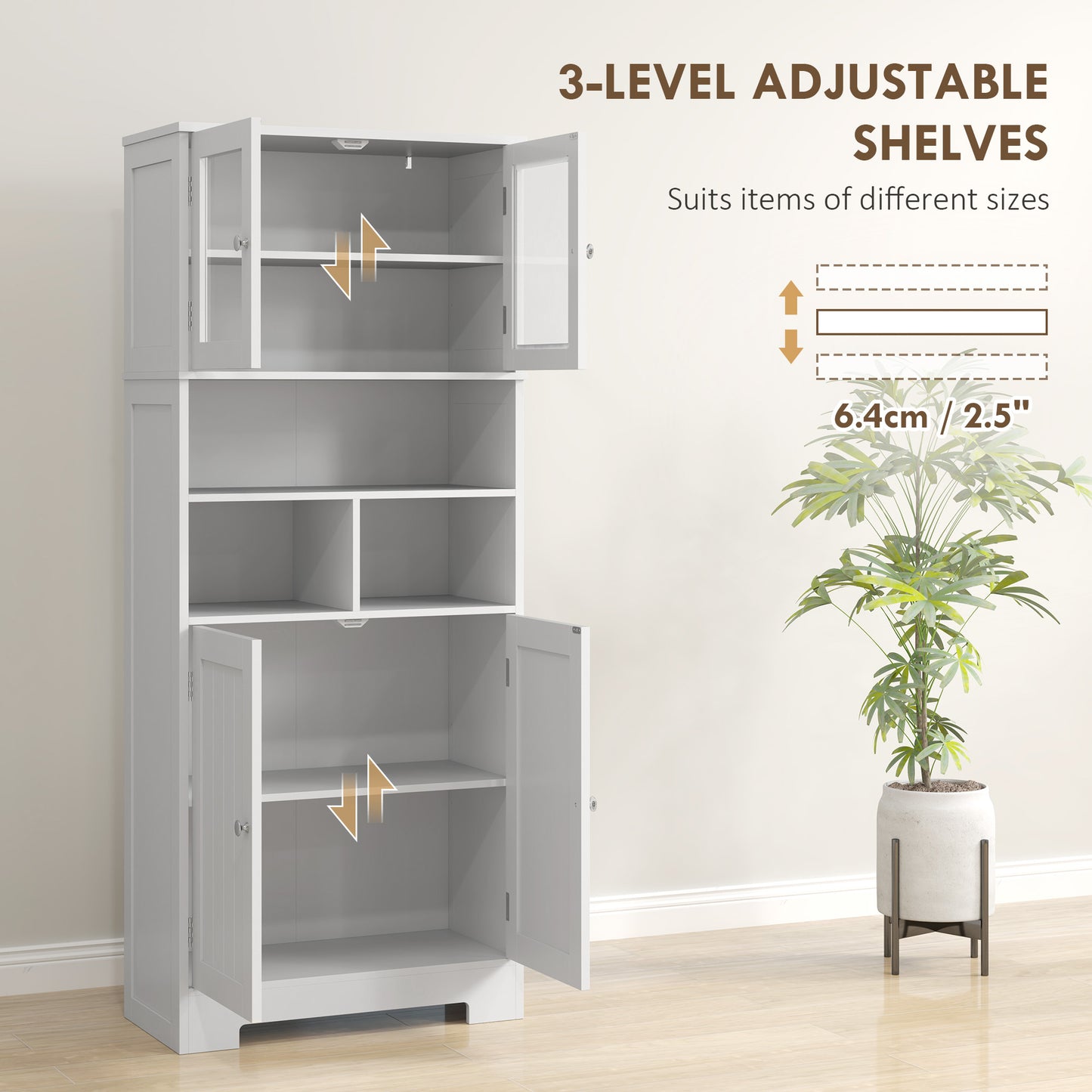 HOMCOM 57" Kitchen Pantry, Freestanding Pantry Storage Cabinet with Glass Doors, Adjustable Shelves, Open Compartments, White