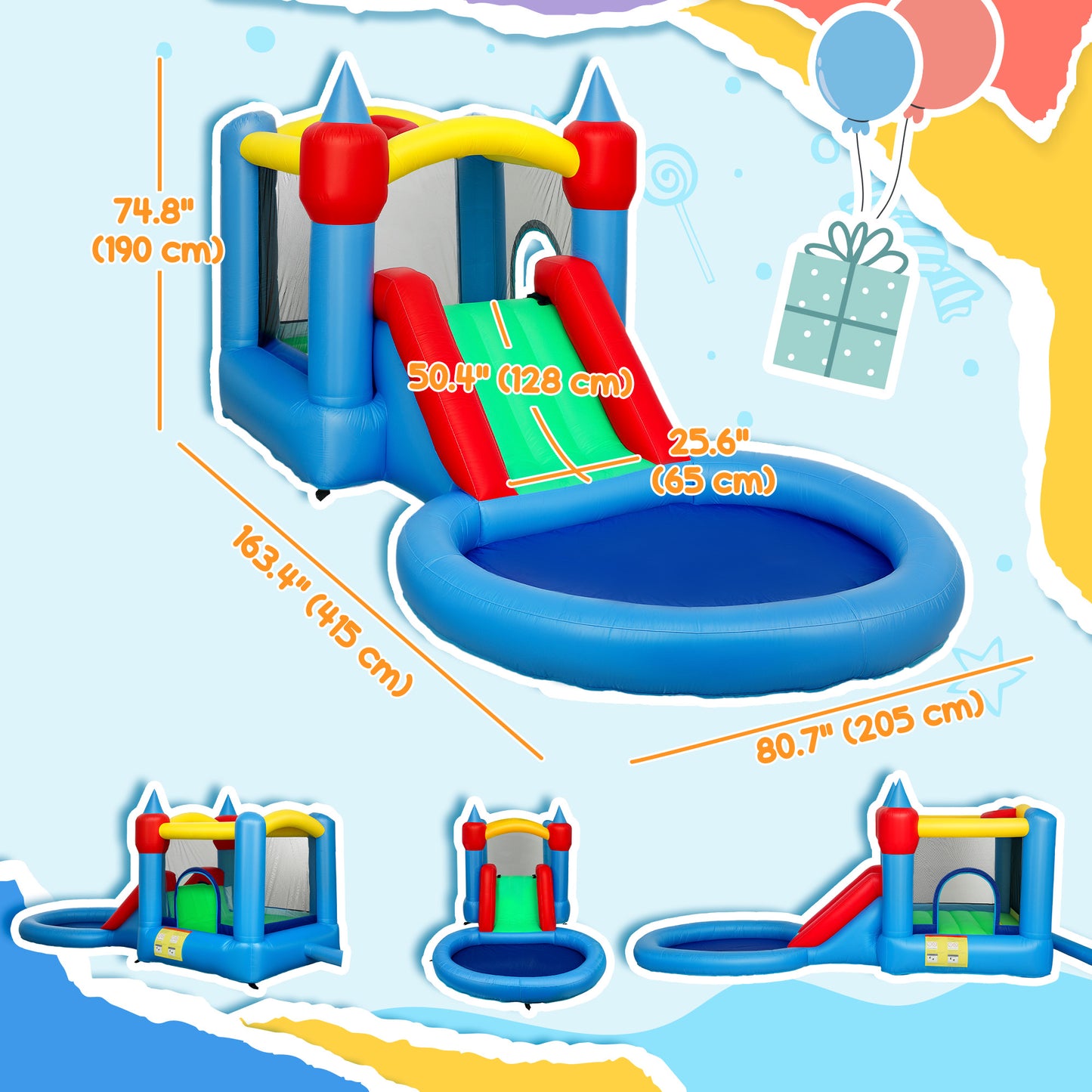 Qaba Bouncy Castle for Kids with 550W Blower, Water Slide, 2 Splash Pools, Basketball Hoop, Dart Board,12.6' x 9.5' x 5.9'