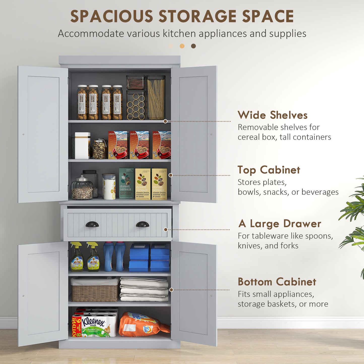 HOMCOM 72" Kitchen Pantry, Freestanding Storage Cabinet with Drawer, Doors, Grey