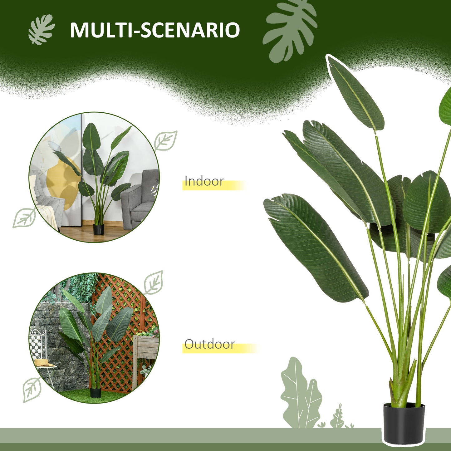 Outsunny 4FT Artificial Bird of Paradise Plant, Fake Tropical Palm Plant with 7 Banana Leaves in Pot, Faux Plant for Indoor , Green