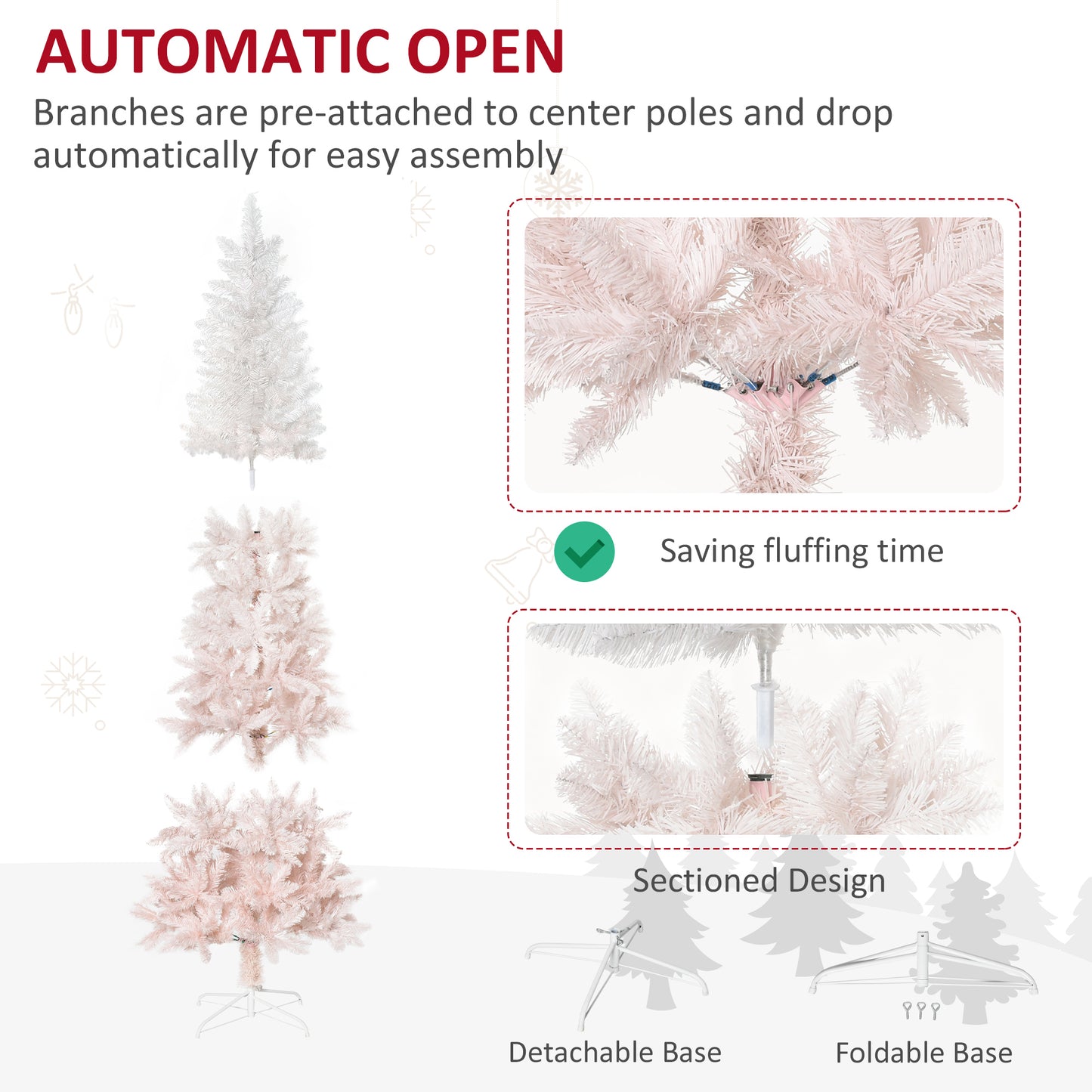 HOMCOM 7ft Pencil Artificial Christmas Tree with Pine Realistic Branches, Auto Open, Pink and White