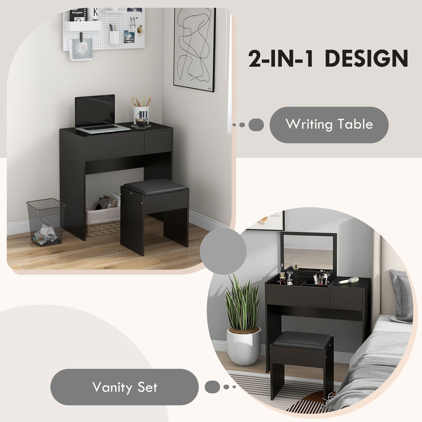 HOMCOM Modern Vanity Set with Flip Top Mirror and Cushioned Stool, Dressing Table with Storage Drawer for Bedroom, White