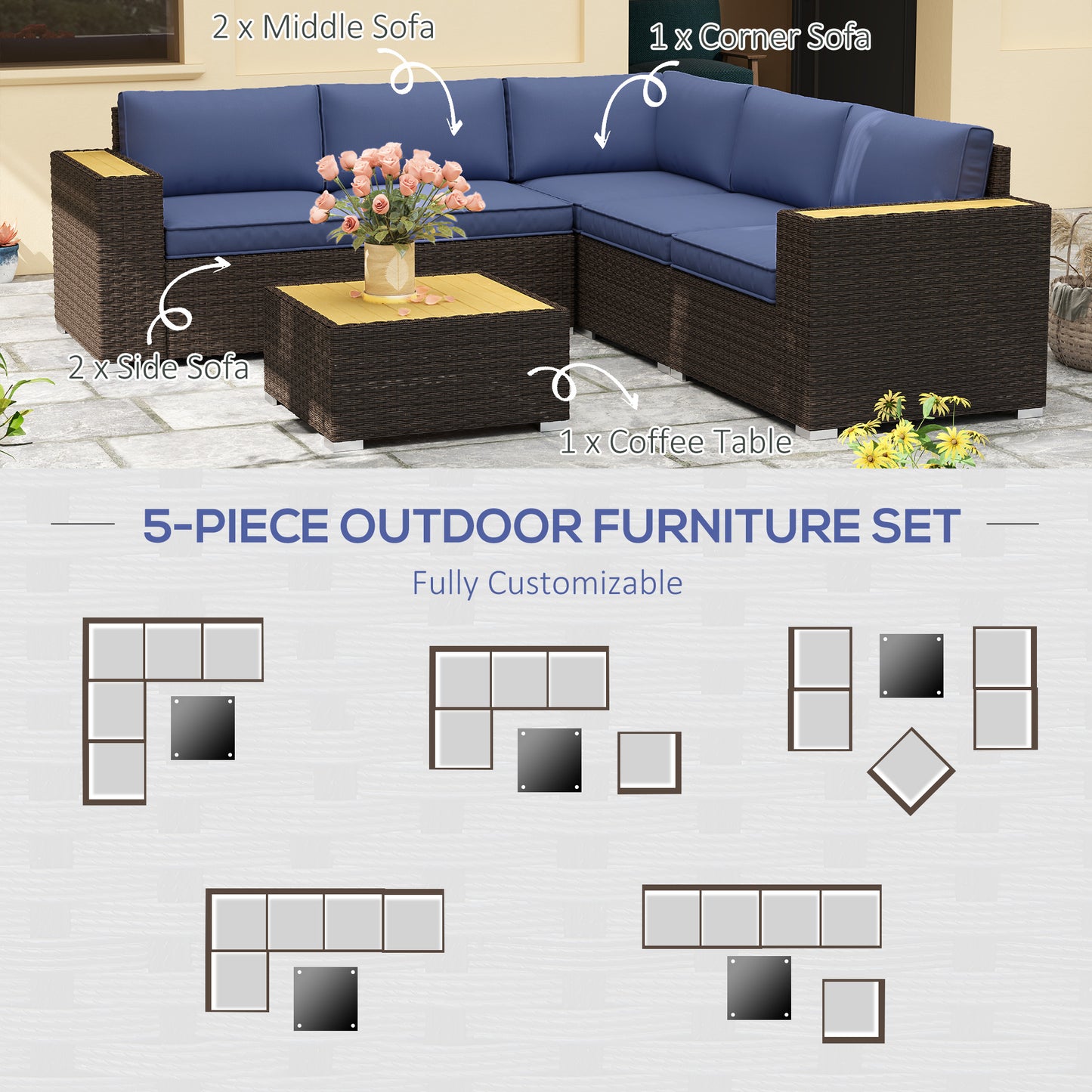 Outsunny 6 Pieces Outdoor Rattan Patio Furniture Set with Corner Sofa, Wood-Plastic Coffee Table, Navy Blue
