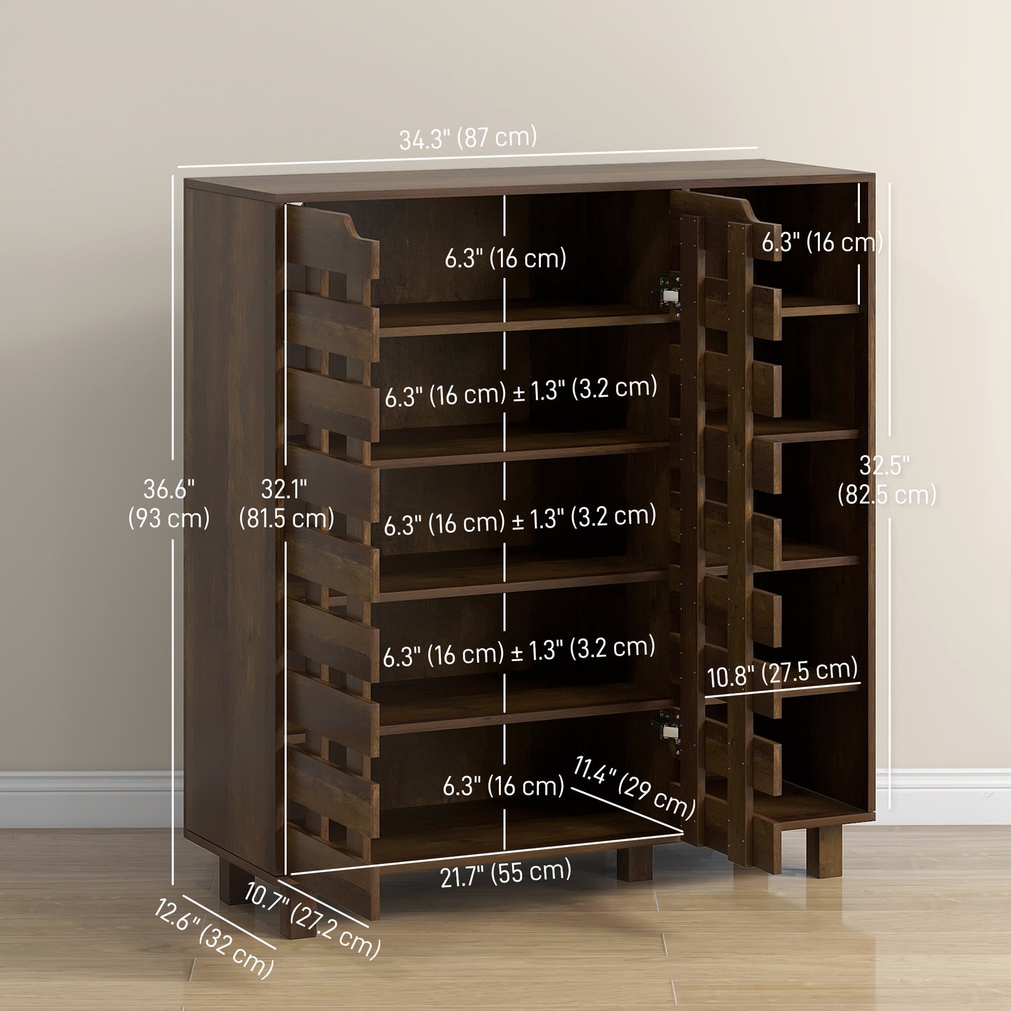 HOMCOM Shoe Cabinet, 21 Pair Shoe Storage Cabinet Organizer with 5-tier Double Door Cupboard and 5-tier Open Shelves, Black