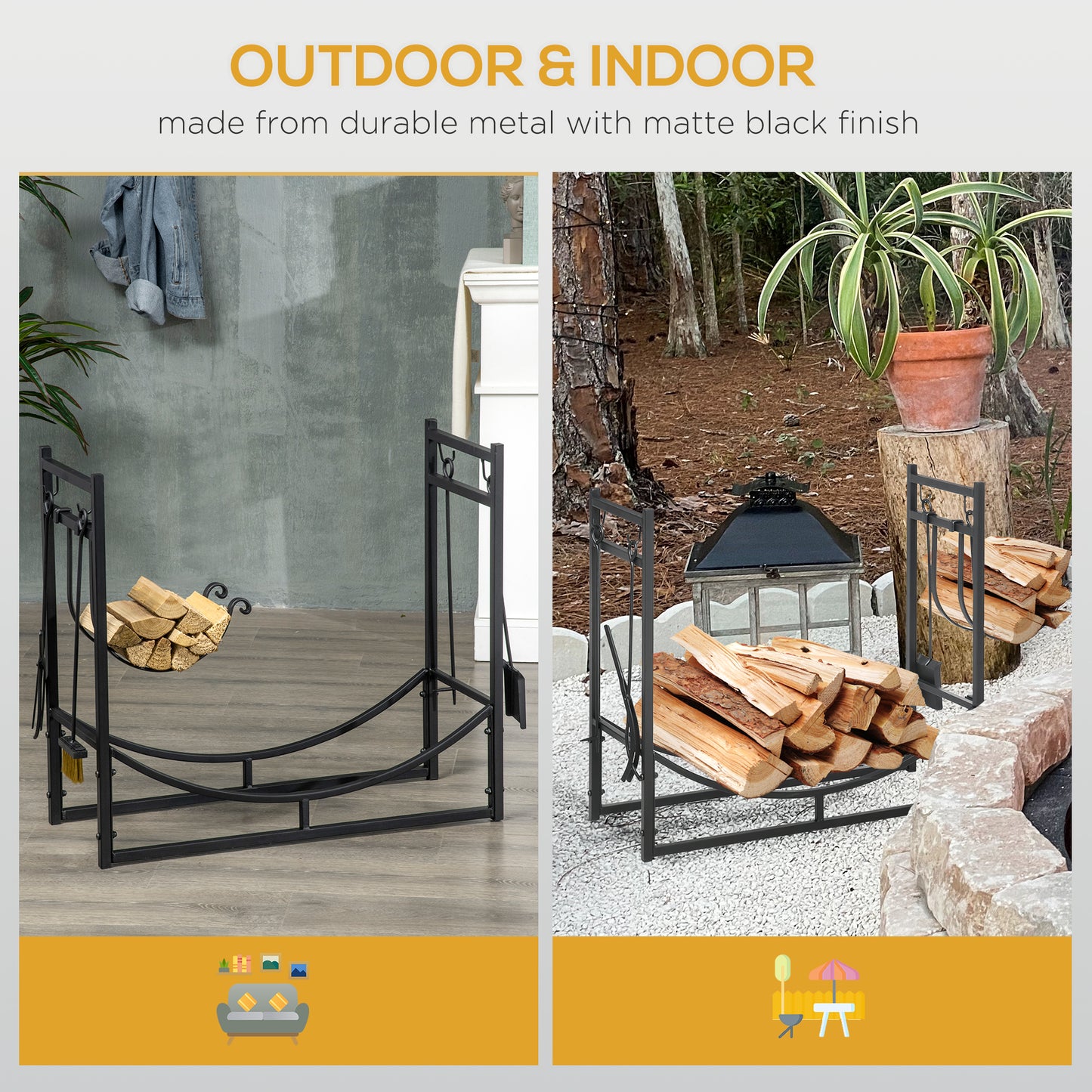Outsunny 2-Tier Firewood Log Rack with 4 Tools 33" Fireplace Wood Holder Storage Log Rack with Shovel, Broom, Poker, Tongs and Hooks