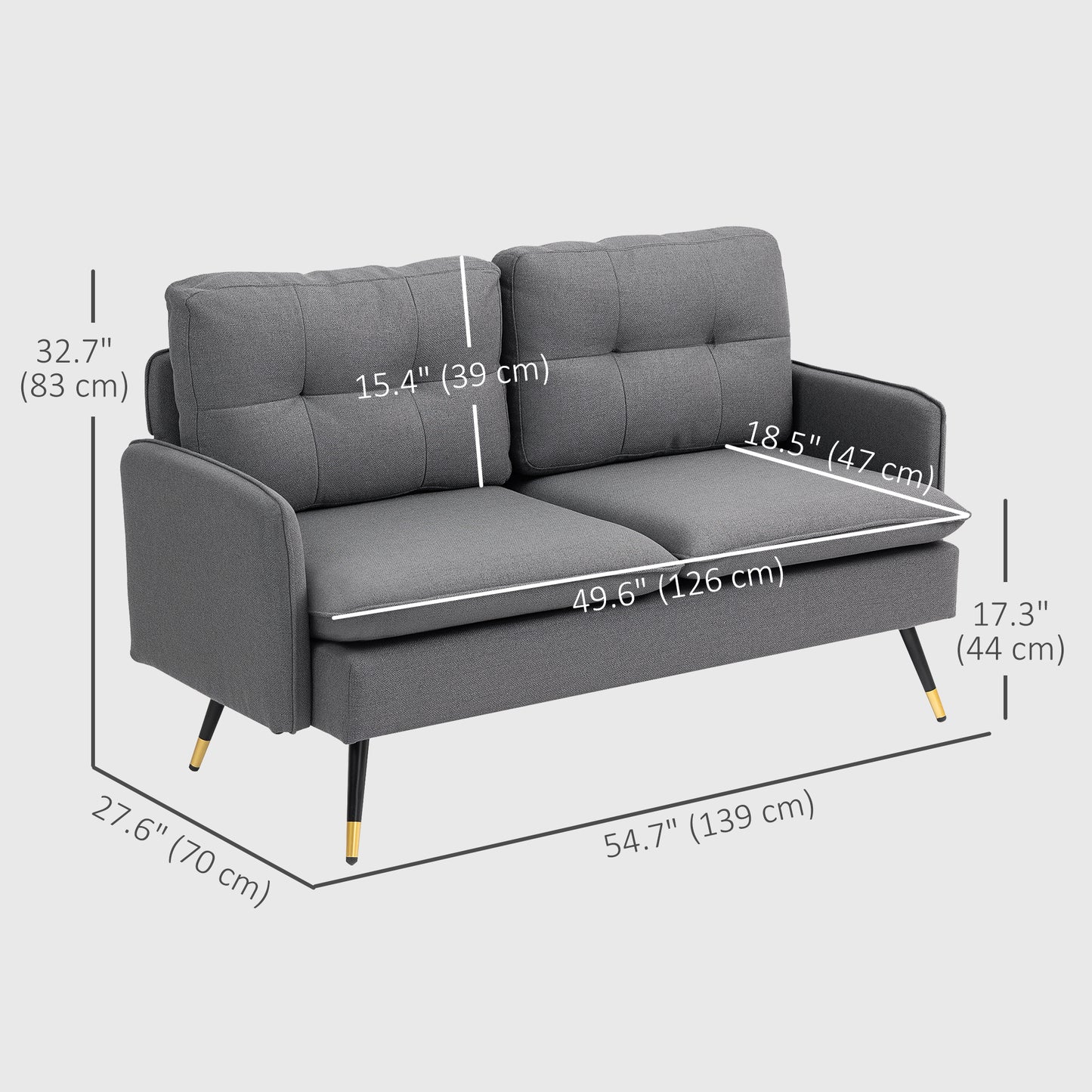 HOMCOM 55" Loveseat Sofa for Bedroom, Modern Love Seats Furniture with Button Tufting, Upholstered Small Couch for Living Room, Small Space, Grey