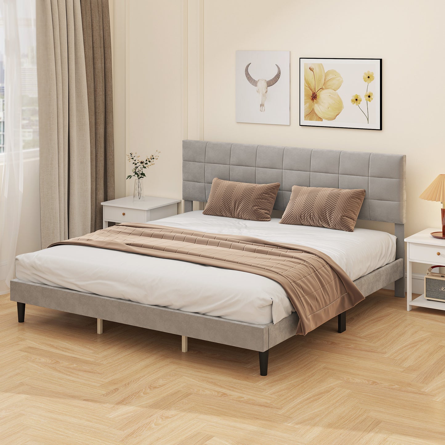 HOMCOM Queen Size Bed Frame with Upholstered Headboard, Modern Platform Bed Frame with Wood Slats, 1100 lbs Capacity, Cream