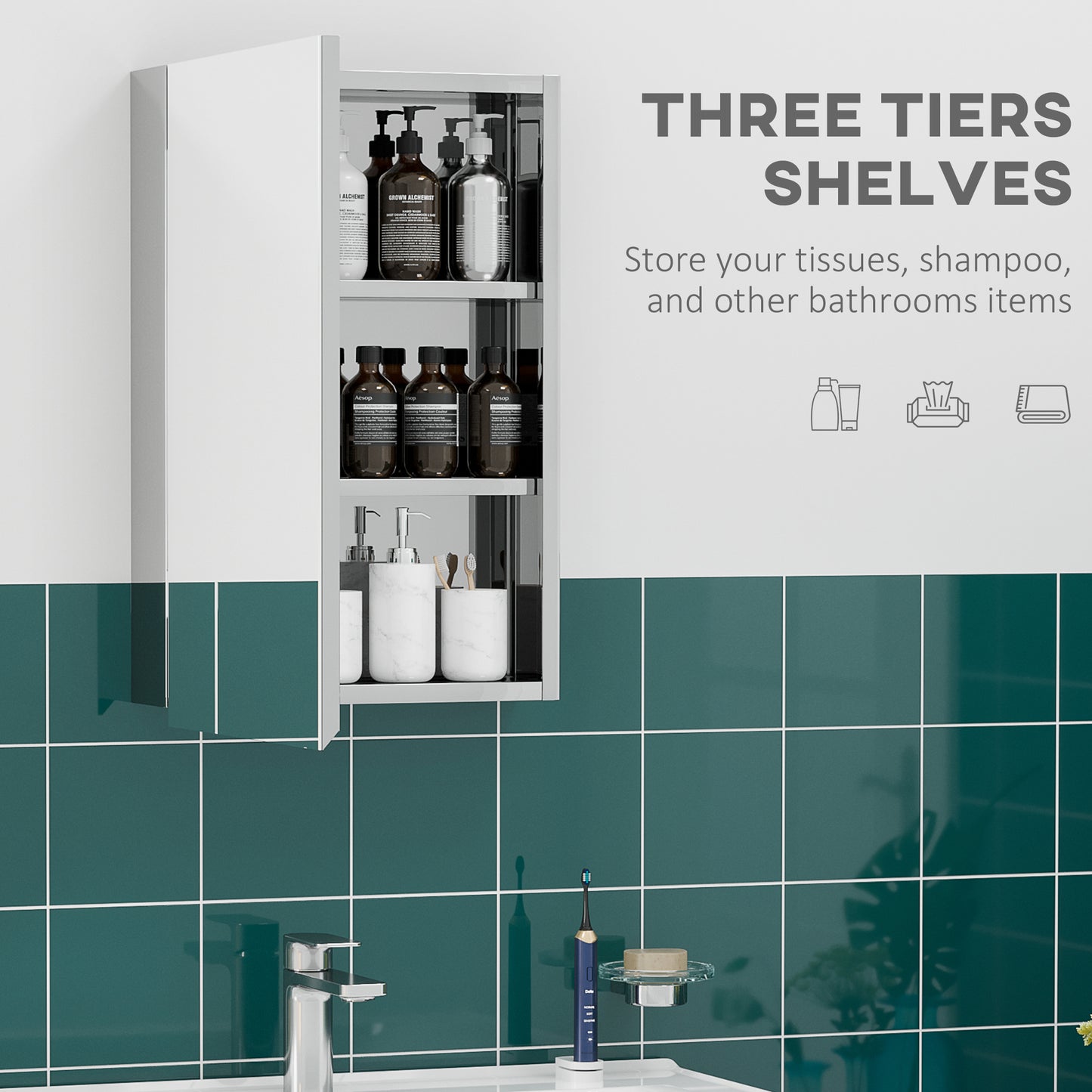 kleankin Wall Mounted Bathroom Medicine Cabinet Mirrored Cabinet with Hinged Door 3-Tier Storage Shelves Silver