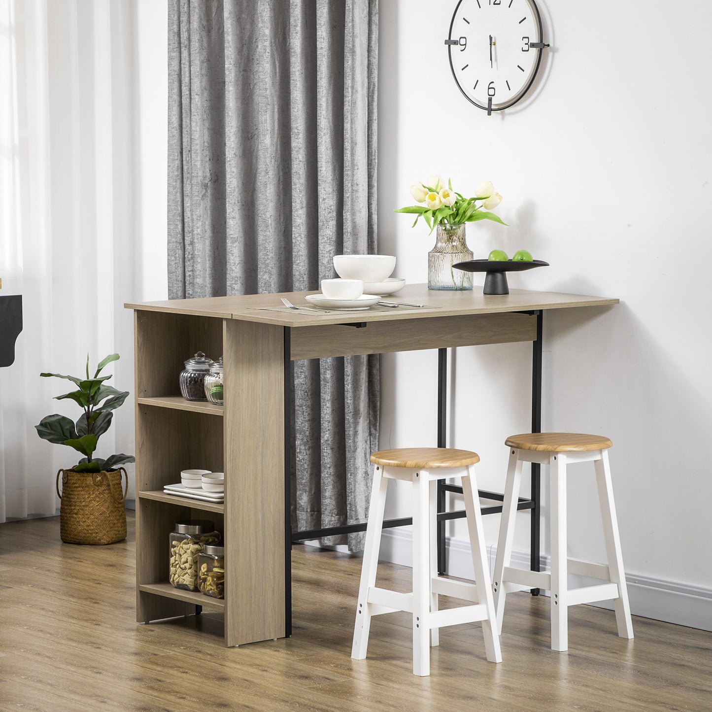 HOMCOM Counter Height Table with Drop Leaf, Extendable Bar Table with Adjustable Storage Shelf, Rustic Brown