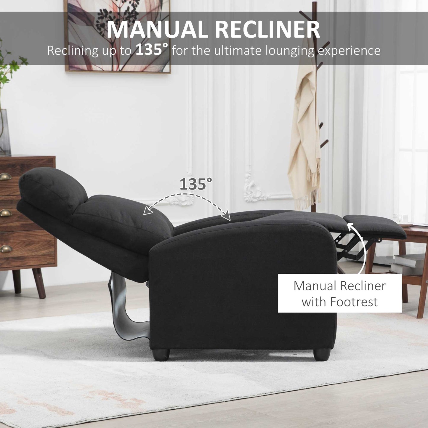 HOMCOM Fabric Recliner Chair Manual Home Theater Seating Single Reclining Sofa Chair with Padded Seat for Living Room, Dark Grey