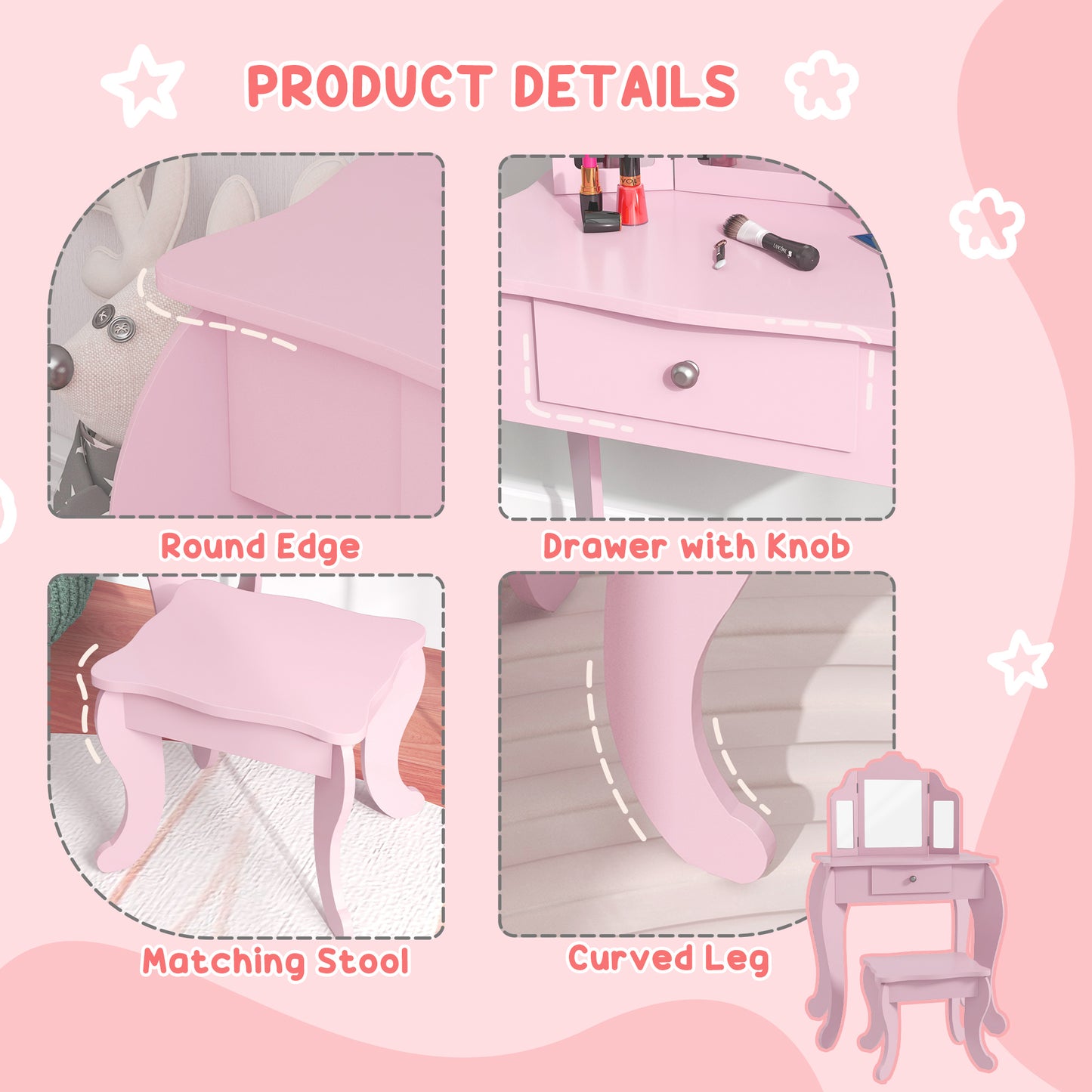 Qaba Kids Vanity Table and Stool, Makeup Vanity Girls Dressing Table Set with Tri-folding Mirrors Drawer Star and Heart Pattern, White