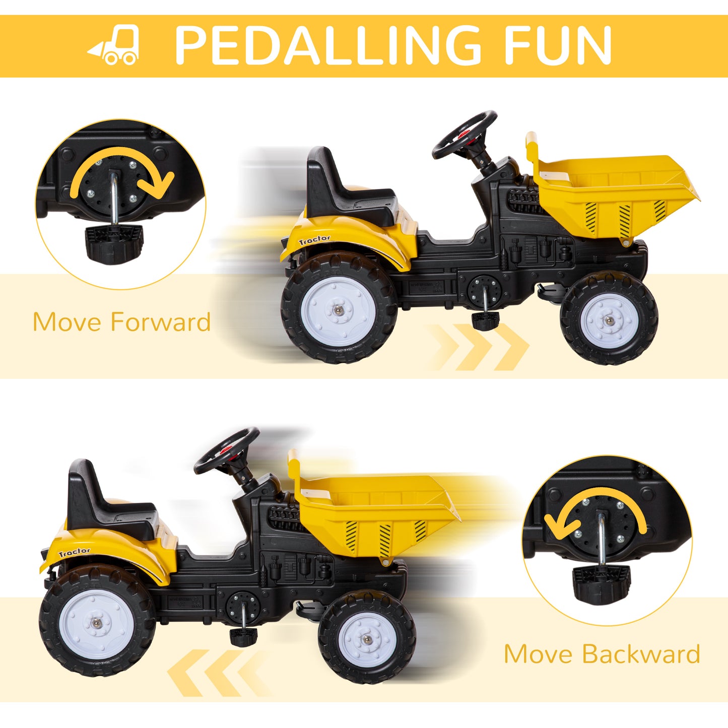 Aosom Ride on Toy Dump Truck for Kids, Pedal Construction Car with Detachable Trailer for 3 Year Old, Yellow