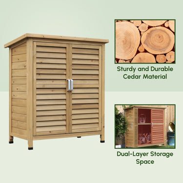 Outsunny Wooden Garden Storage Shed Kit Wood Garage Tool Organisation Cabinet with 2 Door , 34" x 18" x 38", Natural
