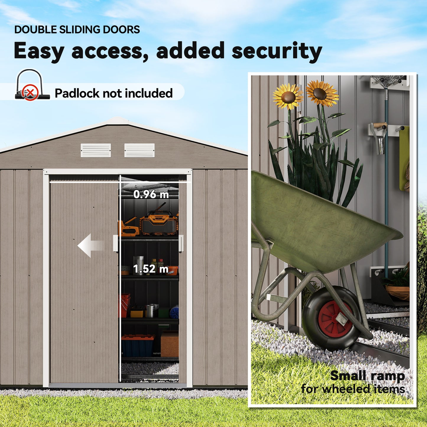 Outsunny 11' x 13'Garden Storage Shed w/ Foundation Kit Metal Tool Storage House w/ Double Doors Yellow