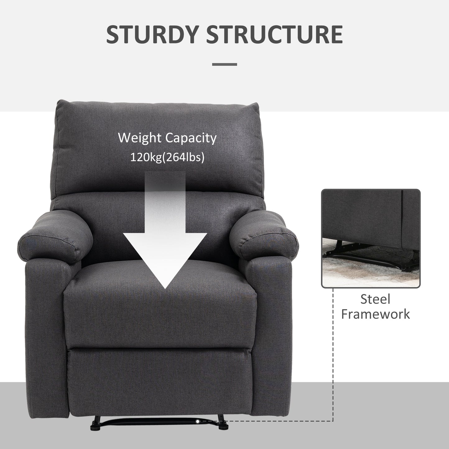 HOMCOM Recliner Chair, Manual Reclining Chair with Footrest, Padded Seat for Living Room, Bedroom, Study, Dark Grey