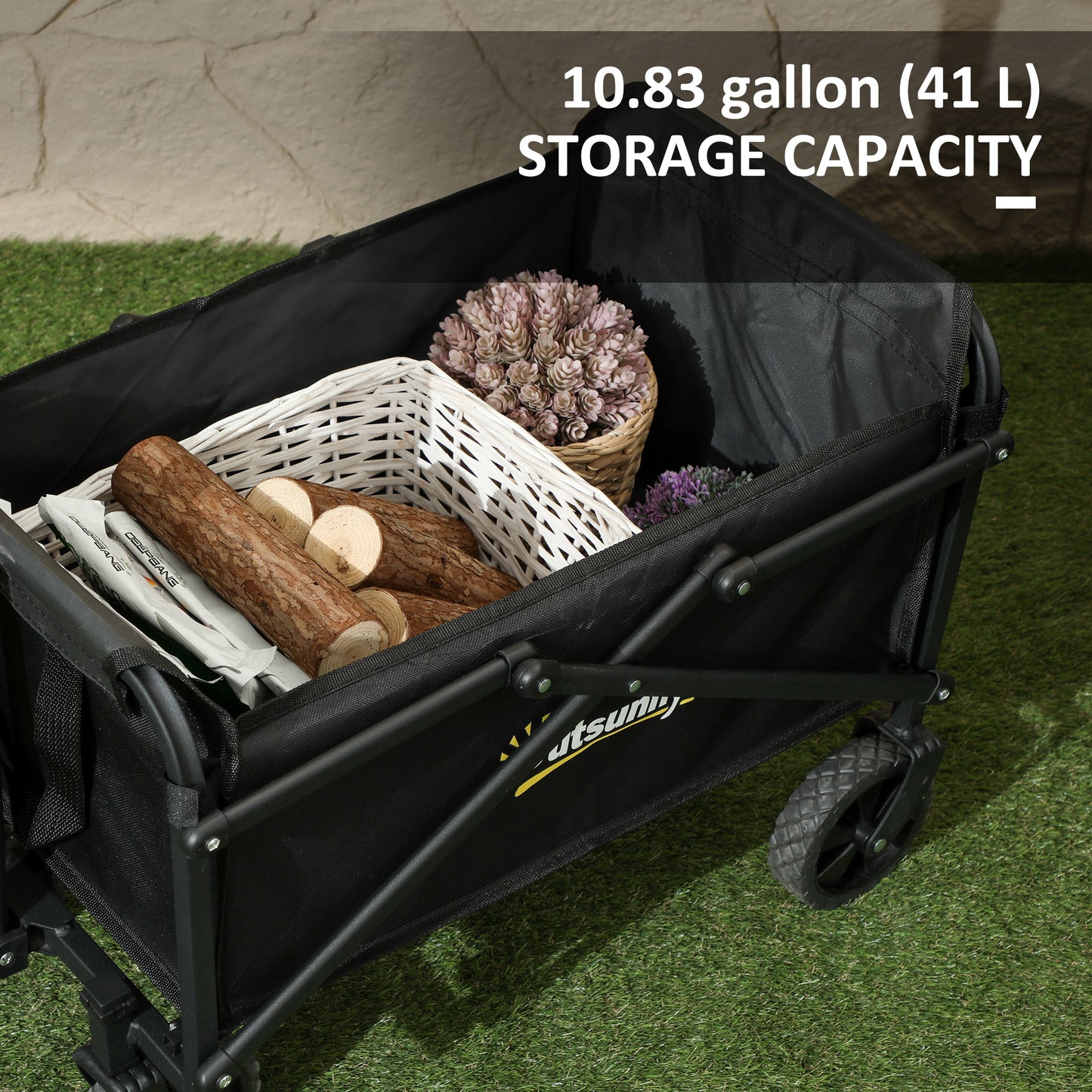 Outsunny Collapsible Folding Garden Cart, Heavy Duty Lawn Wagon with Universal Wheels and Adjustable Handle, Black