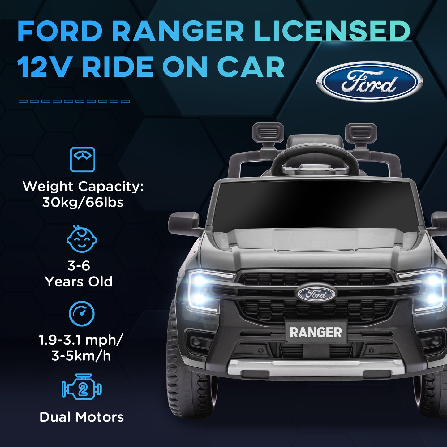 Qaba Ford Ranger Licensed 12V Ride on Car Battery Powered Kids Truck w/ Rear Storage Remote, Spring Suspension, Blue