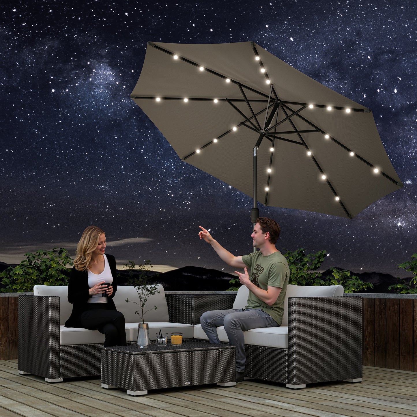 Outsunny 8.8 ft Solar Powered Outdoor Patio Umbrella Round Market Table Umbrella with Adjustable LED Lights Tilt Crank Dark Grey