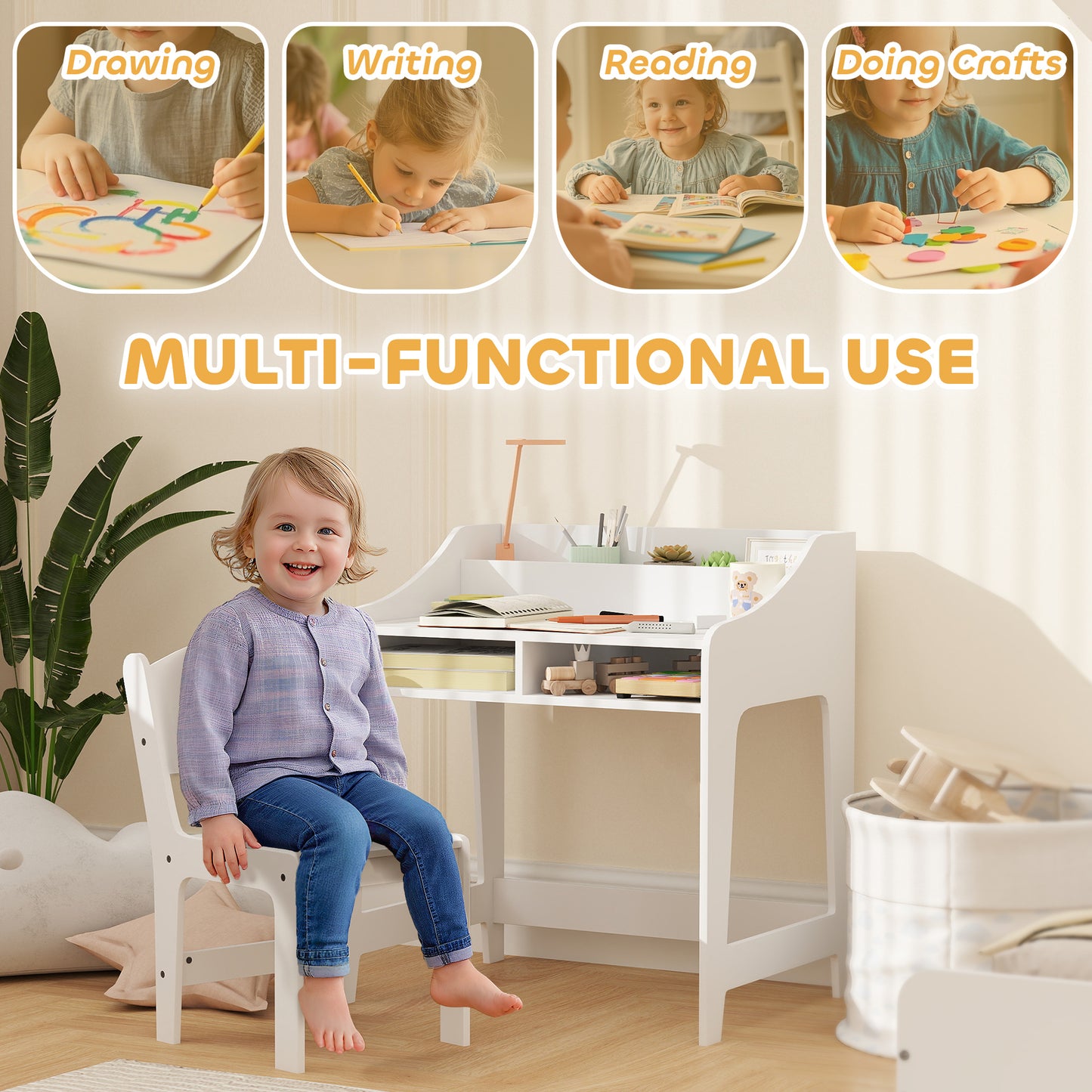 Qaba Kids Desk and Chair Set with Storage, Shelves for Bedroom, 3-8 Years Old, White