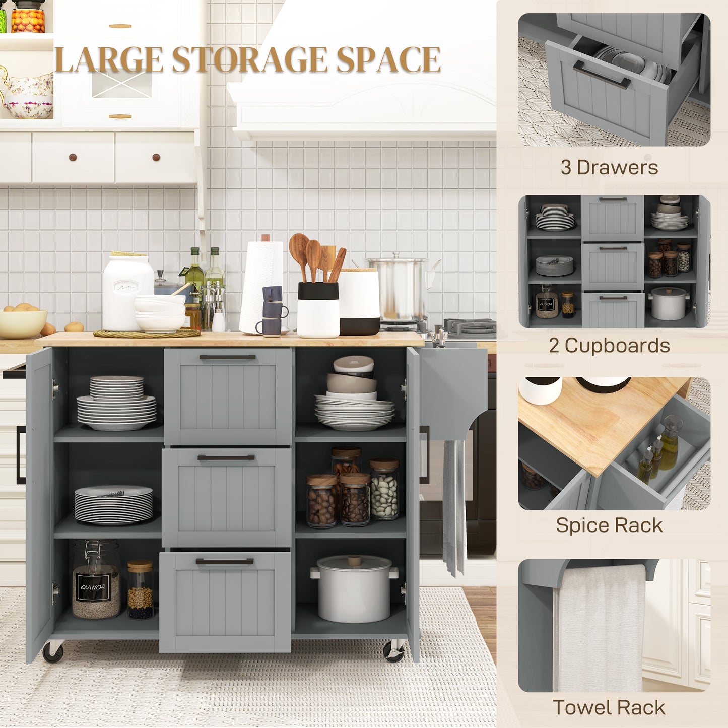 HOMCOM Rolling Kitchen Cart on Wheels with Drop Leaf, Kitchen Island with 3 Drawers, Solid Wood Top and Towel Rack, White