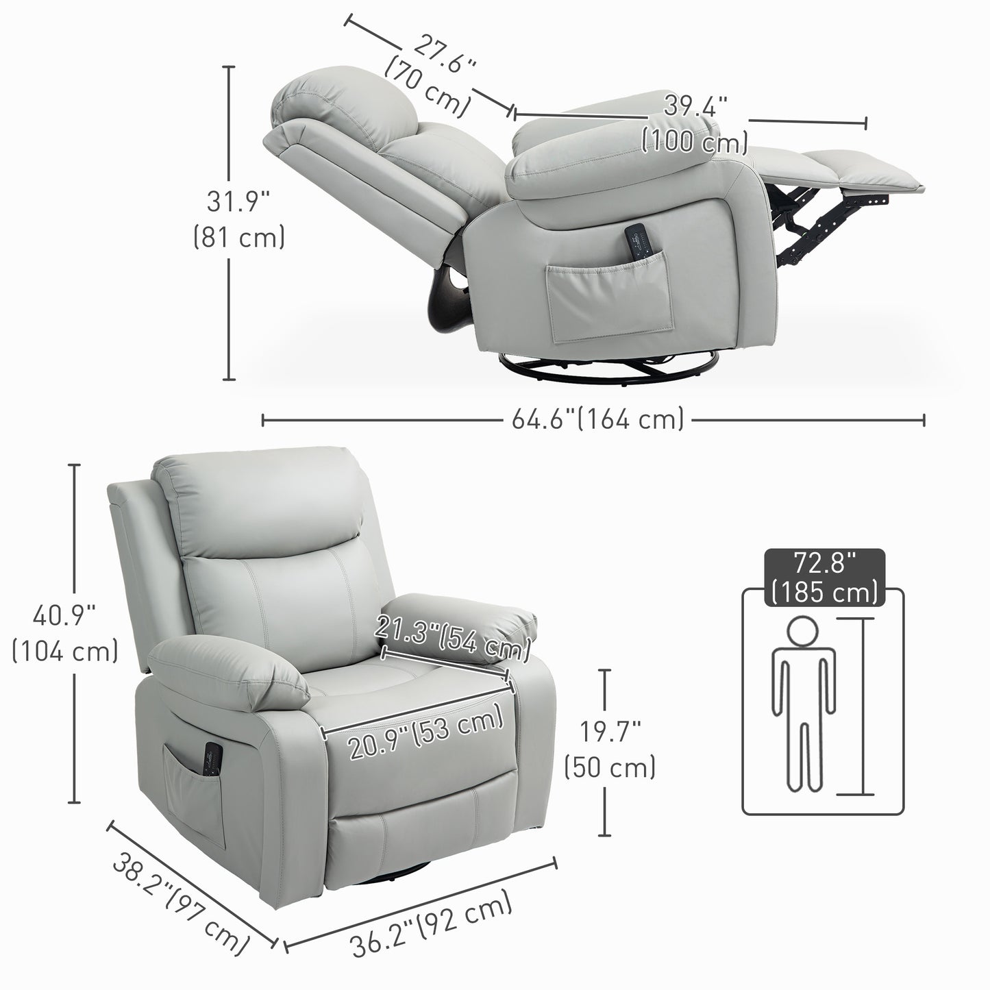 HOMCOM PU Leather Reclining Chair with Vibration Massage Recliner, Swivel Base, Rocking Function, Remote Control, Black