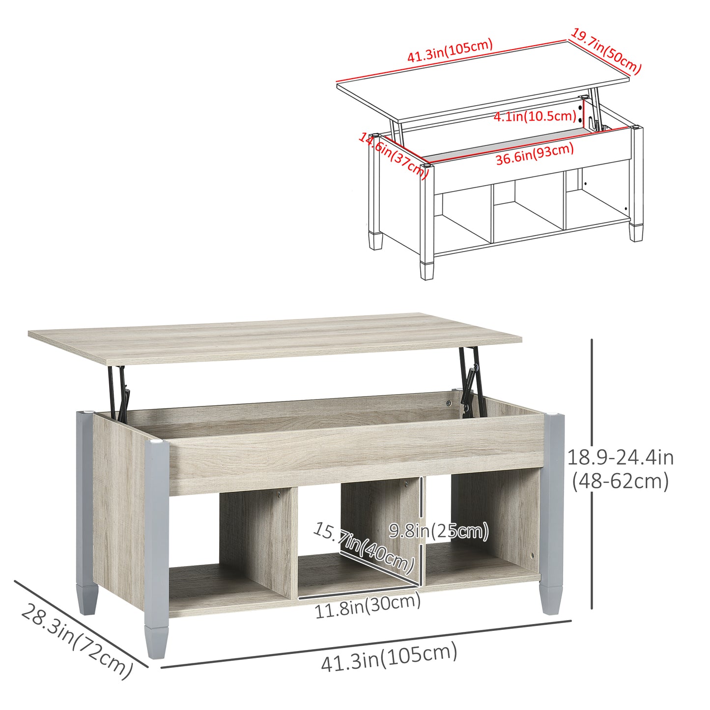 HOMCOM Lift Top Coffee Table with Hidden Storage Compartment and 3 Lower Shelves, Pop-Up Center Table for Living Room, Espresso