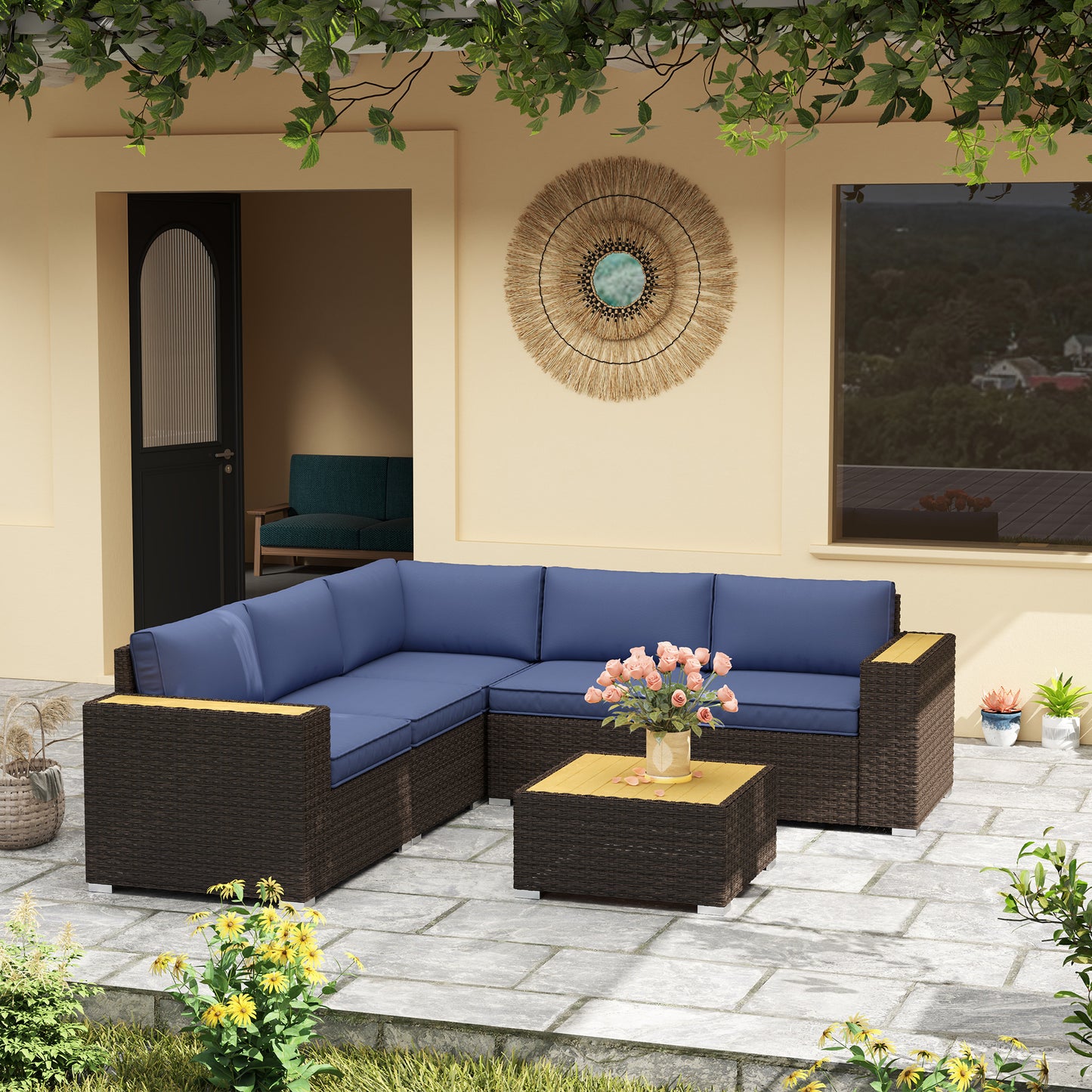 Outsunny 6 Pieces Outdoor Rattan Patio Furniture Set with Corner Sofa, Wood-Plastic Coffee Table, Navy Blue