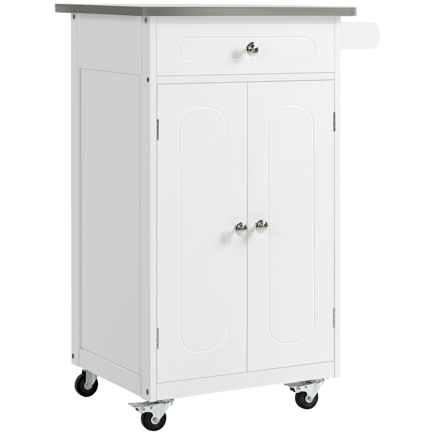 HOMCOM Kitchen Cart, Small Kitchen Island, Stainless Steel Top Utility Trolley on Wheels with Storage Drawer for Dining Room, Kitchen (White)
