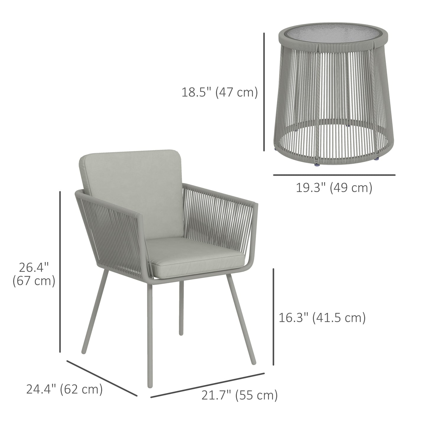 Outsunny 3 Piece Outdoor Patio Bistro Set, Wicker Rattan Furniture with Metal Legs for Garden, Backyard, Light Grey