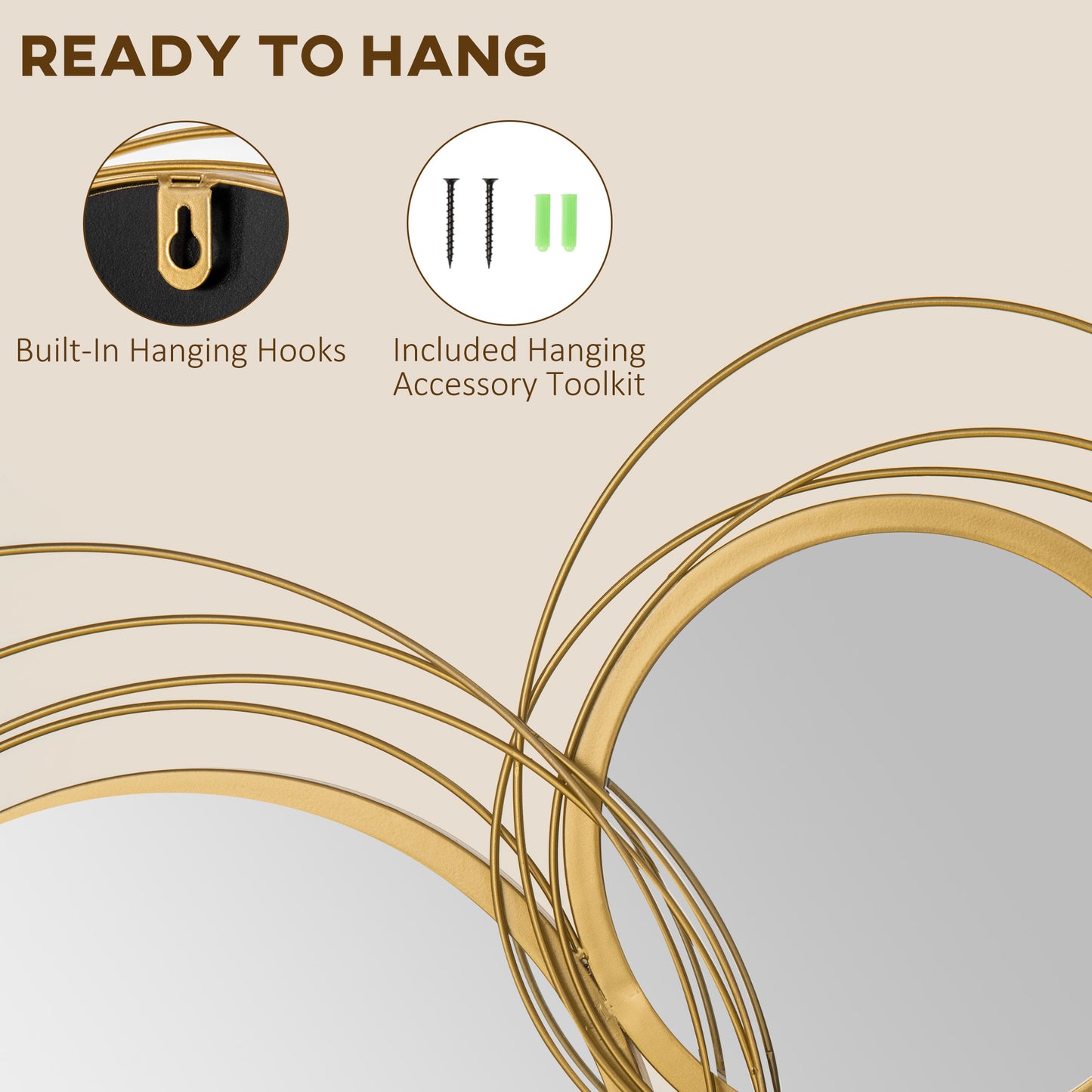 HOMCOM Metal Wall Art Gold Frame Circle Bathroom Mirror Decor Home Hanging Wall Sculptures for Living Room Bedroom Dining Room, 42.25" W x 22" H, Gold
