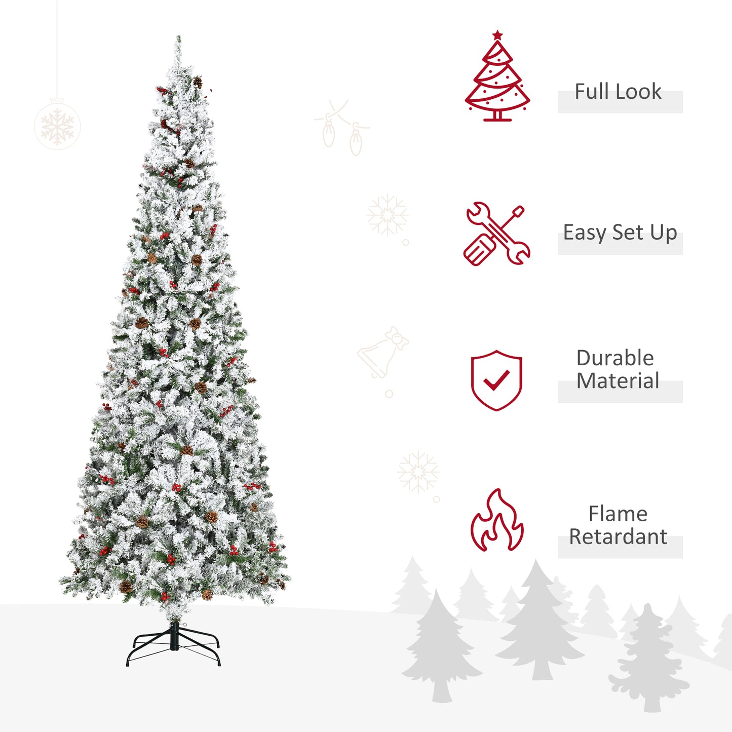 HOMCOM 9-foot Pencil Snow Flocked Artificial Christmas Tree with 1350 Pine Realistic Branches, Pine Cones, Red Berries, Auto Open, Green