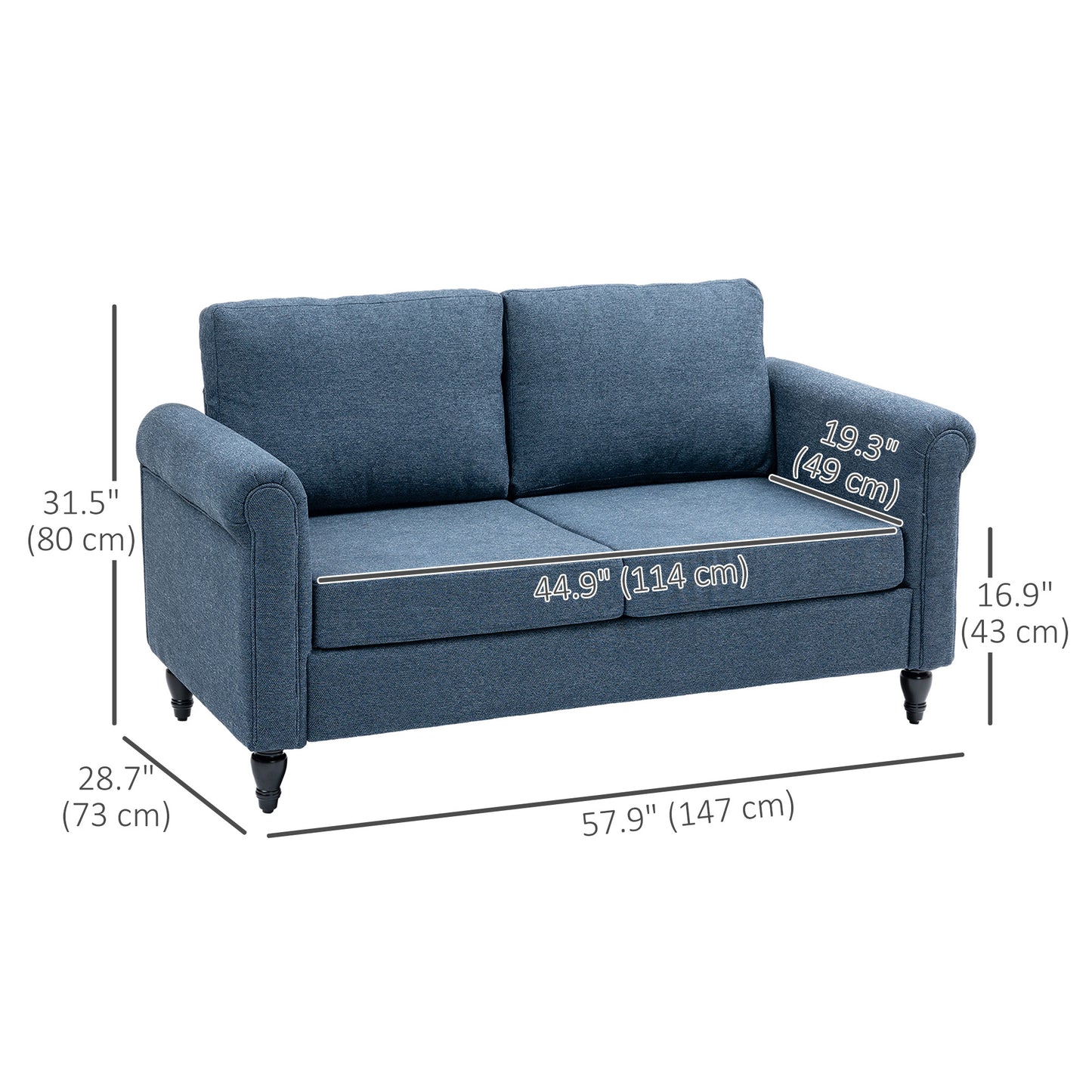 HOMCOM Vintage Loveseat, Upholstered Love Seat Furniture, Chenille-feel Fabric 2 Seater Sofa Couch with Rolled Arms, Gourd-Shaped Rubber Wood Legs for Living Room, Dark Grey
