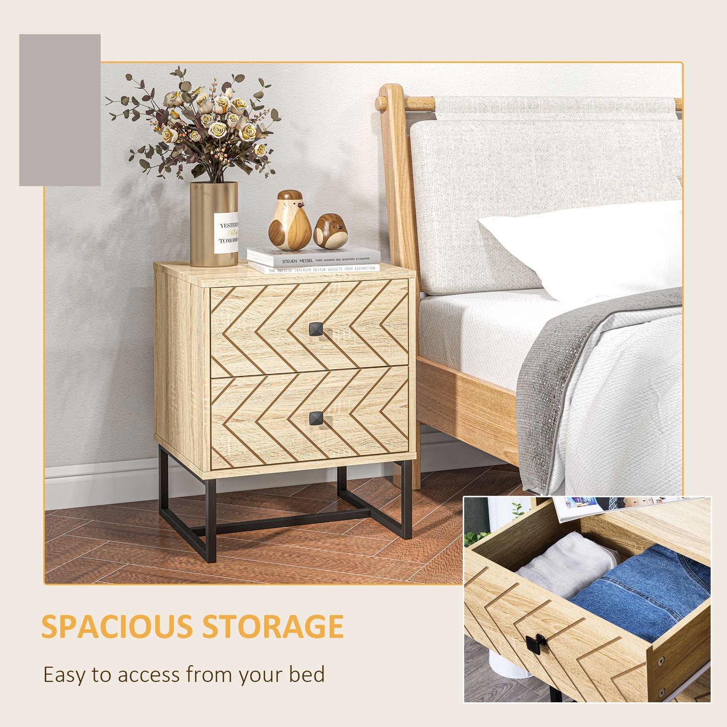 HOMCOM Modern Nightsta, Bedside Table with Drawers, Side End Table with Metal Legs for Bedroom, Zig Zag Design, Natural