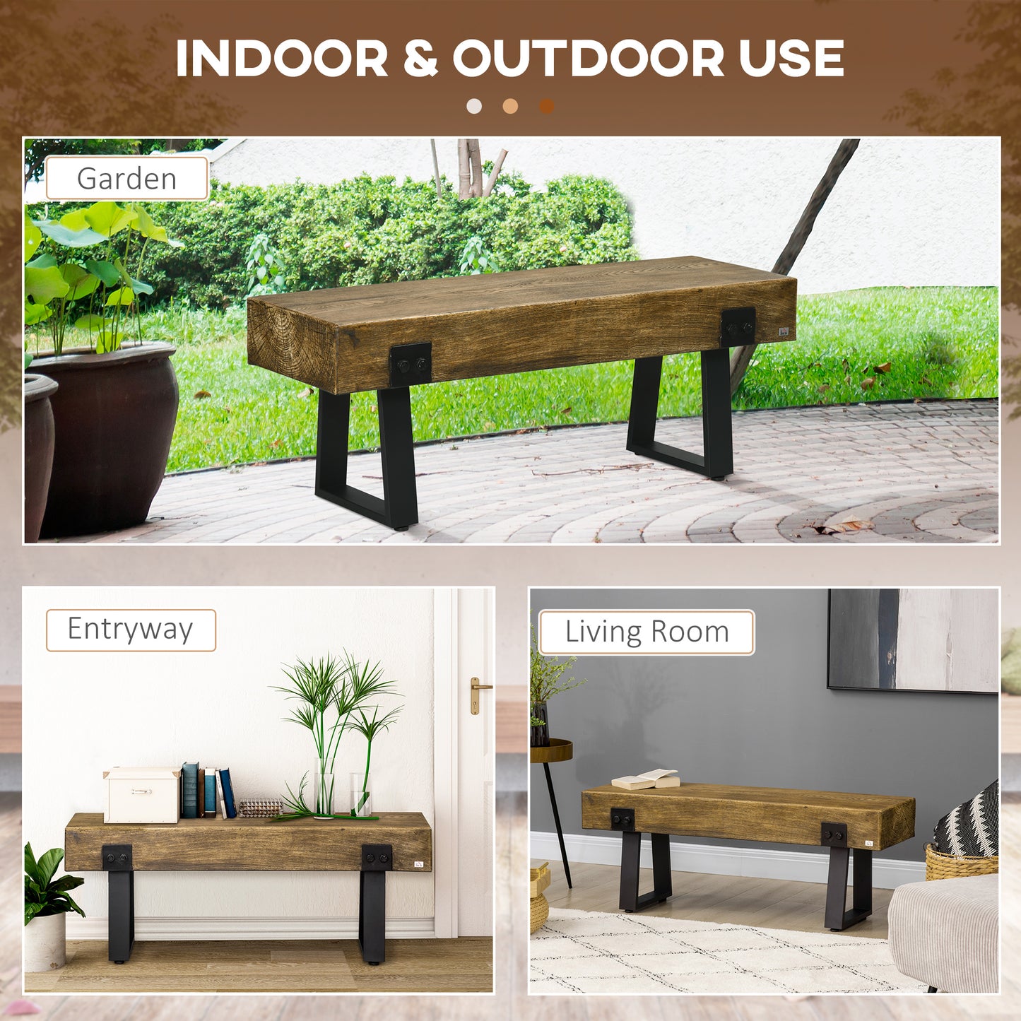 HOMCOM Outdoor Bench, Garden Bench with Metal Legs, Rustic Wood Effect Concrete, Indoor or Outdoor Use for Patio, Park, Porch and Lawn, Natural and Black