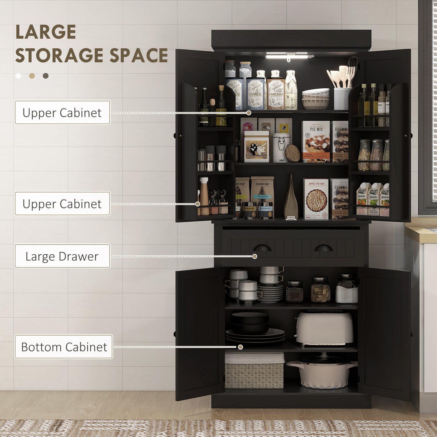 HOMCOM 71" Kitchen Pantry Cabinet with LED Lights, 6 Spice Racks, a Drawer and 4 Adjustable Shelves, White