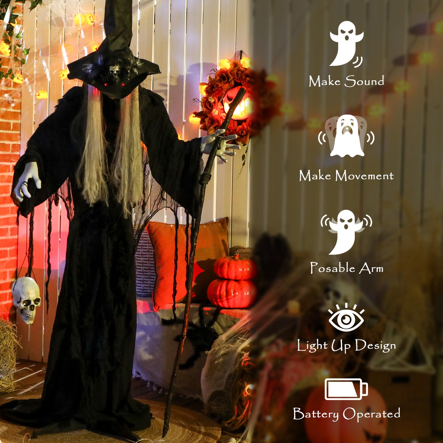 Outsunny Animatronics Standing Witch, Voice-Activated Prop, Sound Activated Moving Head & Flashing Eyes, Easy Setup Indoor, Black