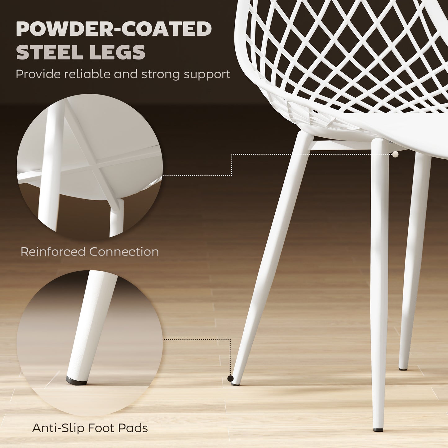 HOMCOM Modern Dining Chairs Set of 4, Plastic Kitchen Chairs with Hollow Backrest and Metal Legs for Living Dining Room, White