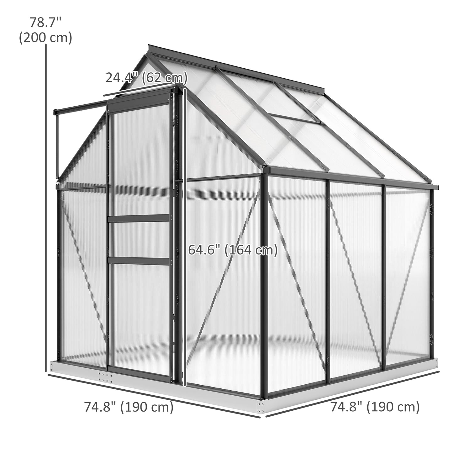 Outsunny 6' x 12' x 6.5' Walk-in Greenhouse, Polycarbonate Greenhouse with Adjustable Roof Vent, Base, Sliding Door, Clear