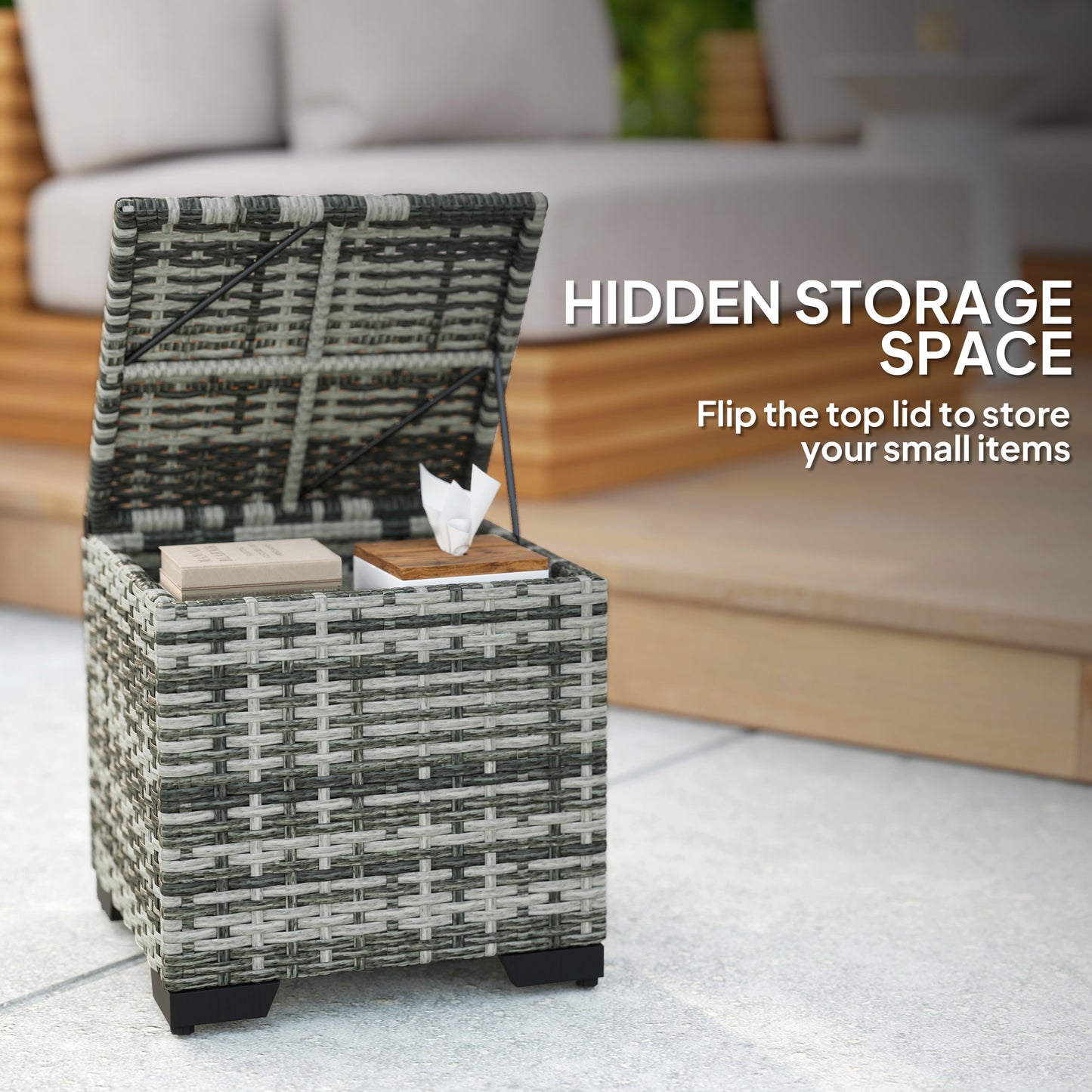 Outsunny Set of 2 Wicker Ottoman, Outdoor Footstool with Storage & Removable Cushions for Poolside, Patio, Deck, Grey