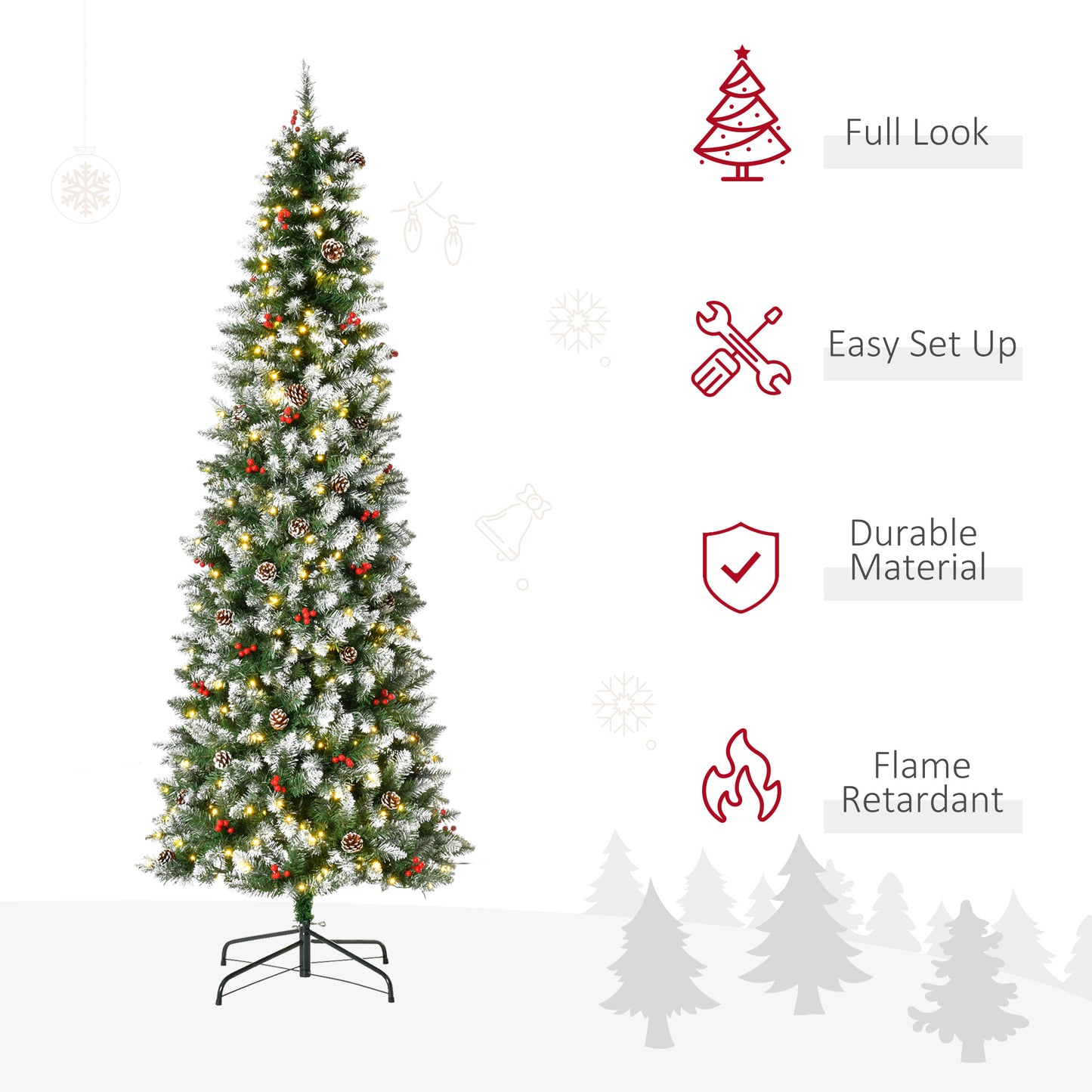 HOMCOM 7.5ft Artificial Christmas Tree, Flocked Christmas Tree with Pine Cones, 1119 Branch Tips and Metal Base, Green