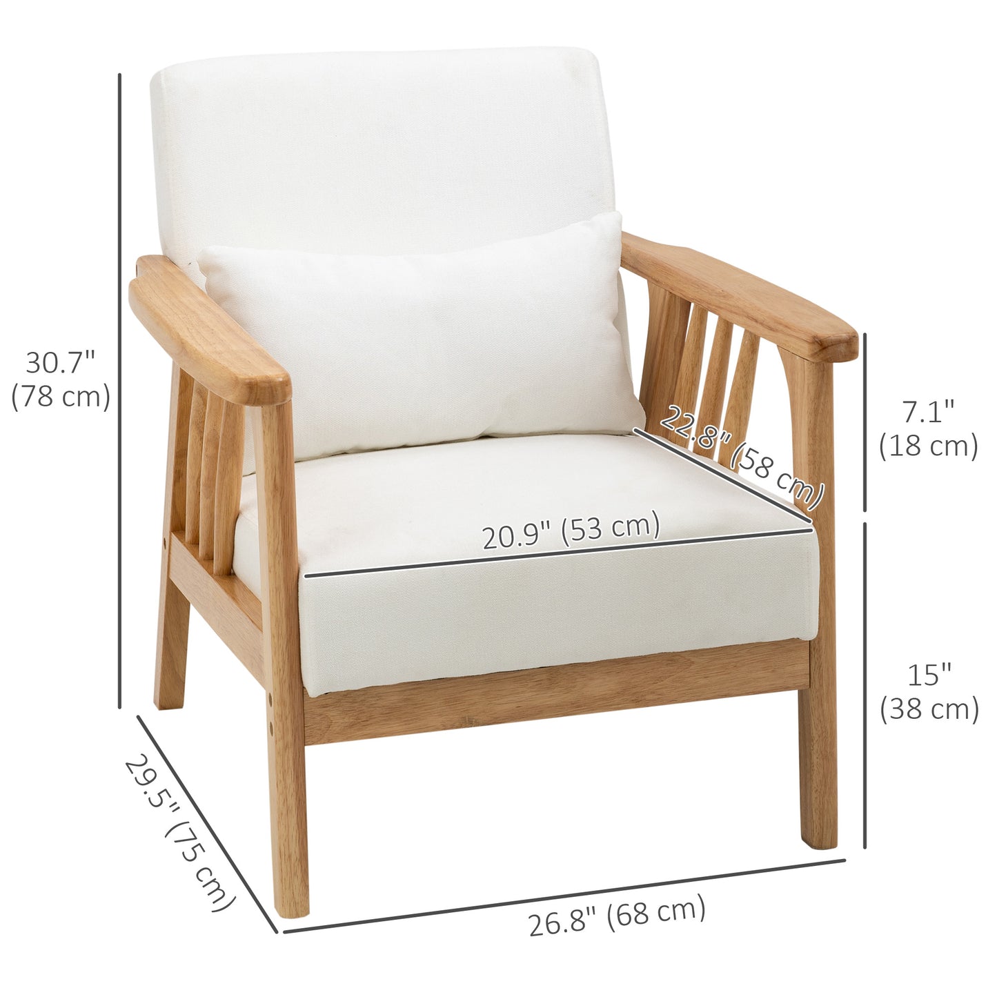HOMCOM Armchair Upholstered Lounge Chair with Rubber Wood Frame Throw Pillows and Comfortable Cushion, White
