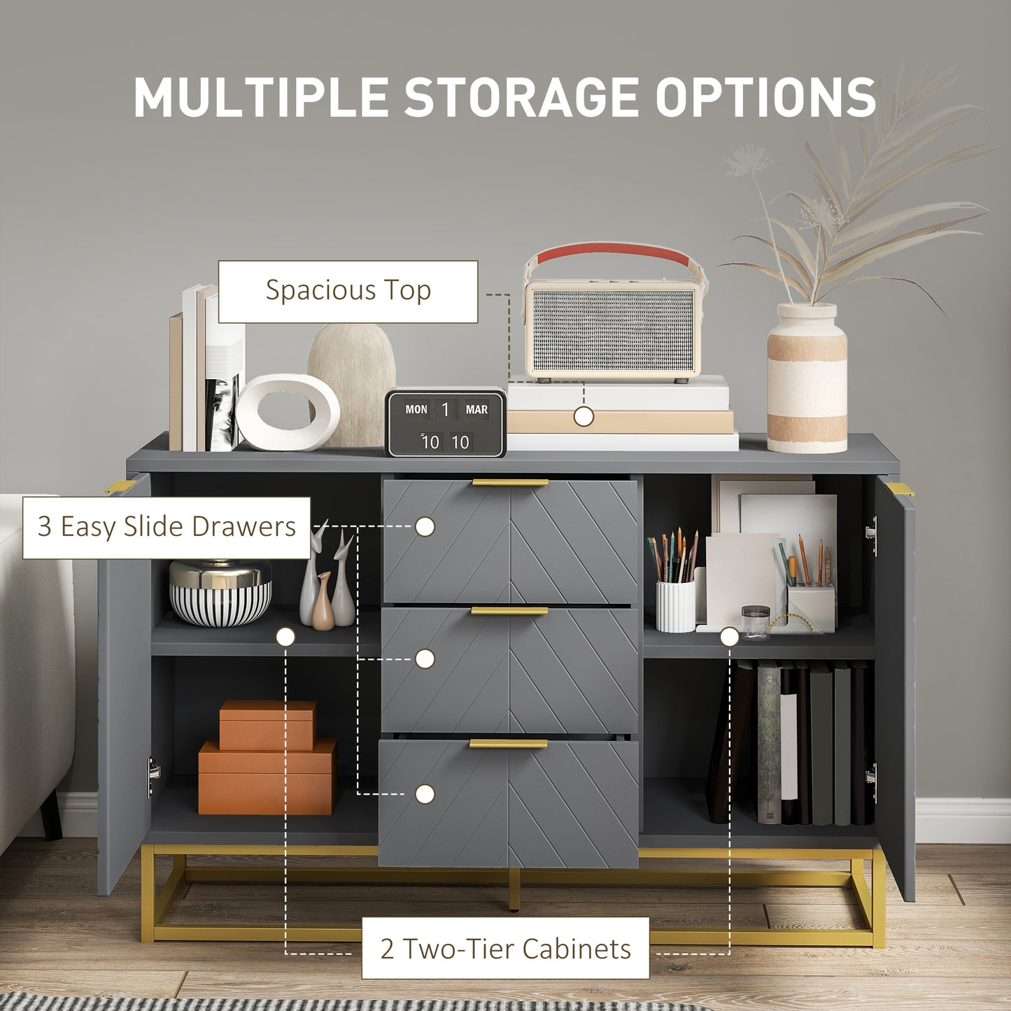 HOMCOM 47" Sideboard Buffet Cabinet with Storage, Contemporary Buffet Cabinet with Adjustable Shelves and Metal Legs, Kitchen Storage Cabinet with Elevated Base, White