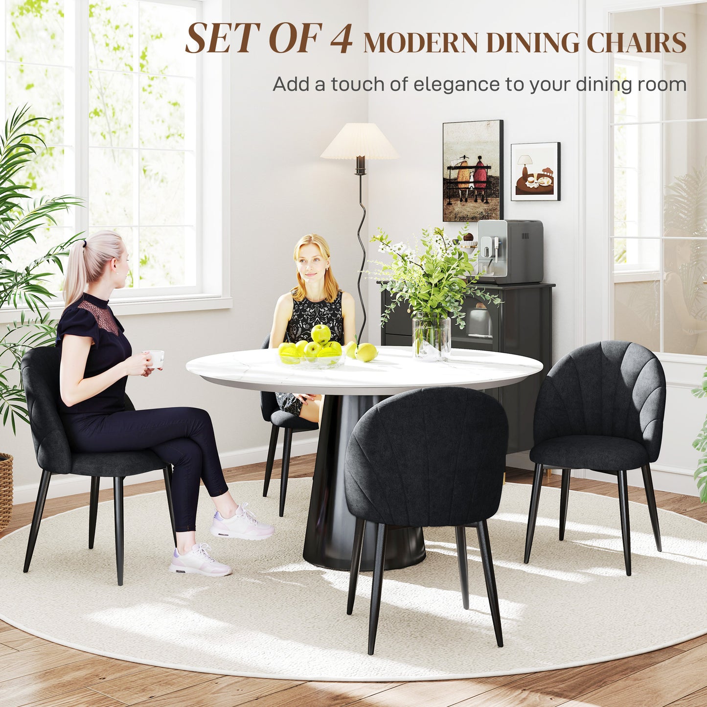 HOMCOM Modern Dining Chairs Set of 4, Upholstered Dining Room Chairs with Metal Legs, Shell Backrest, Padded Seat, Black